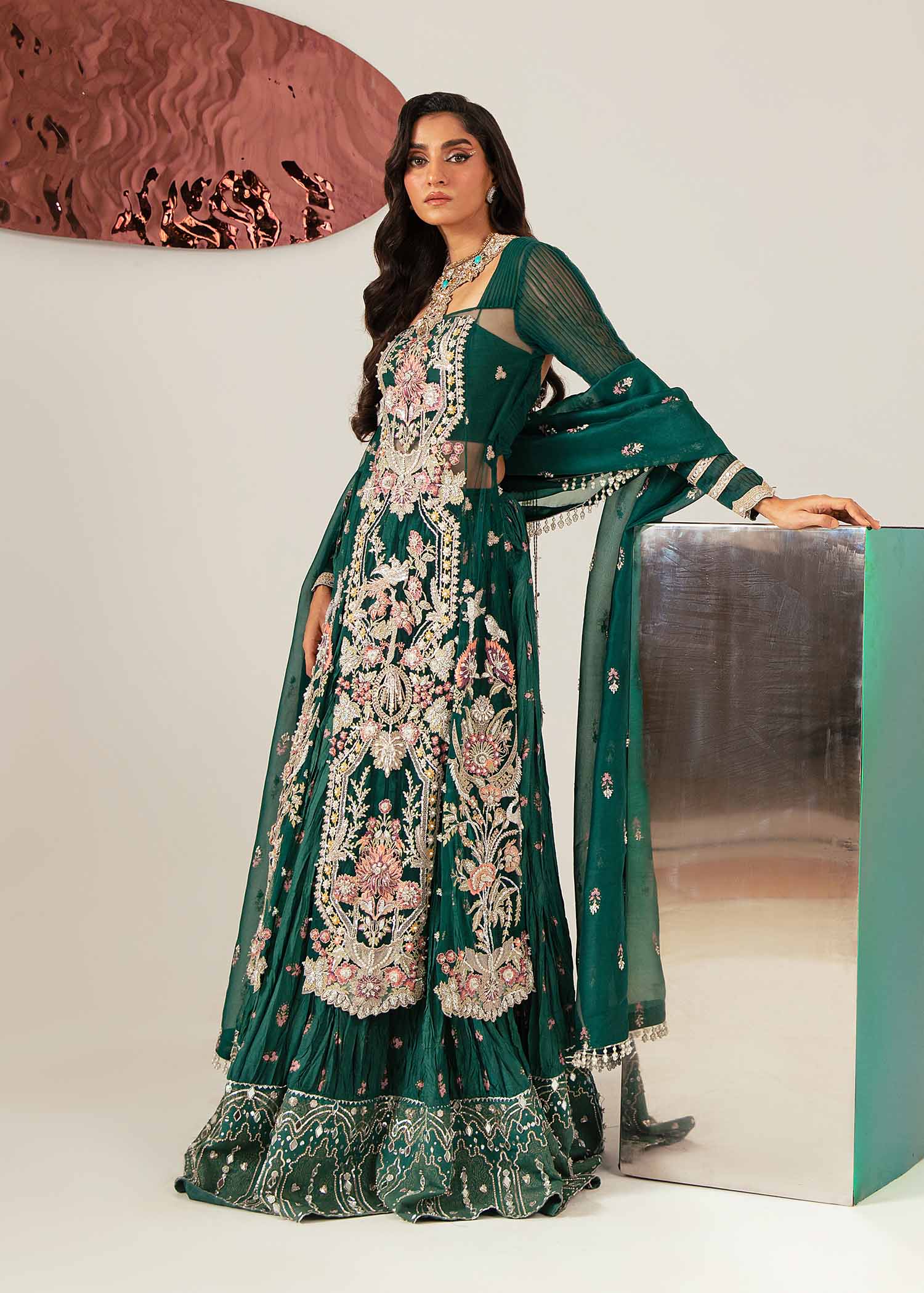 Pakistani Bottle Green Hand-Embellished Net Lehenga (3-Piece) - Image 8