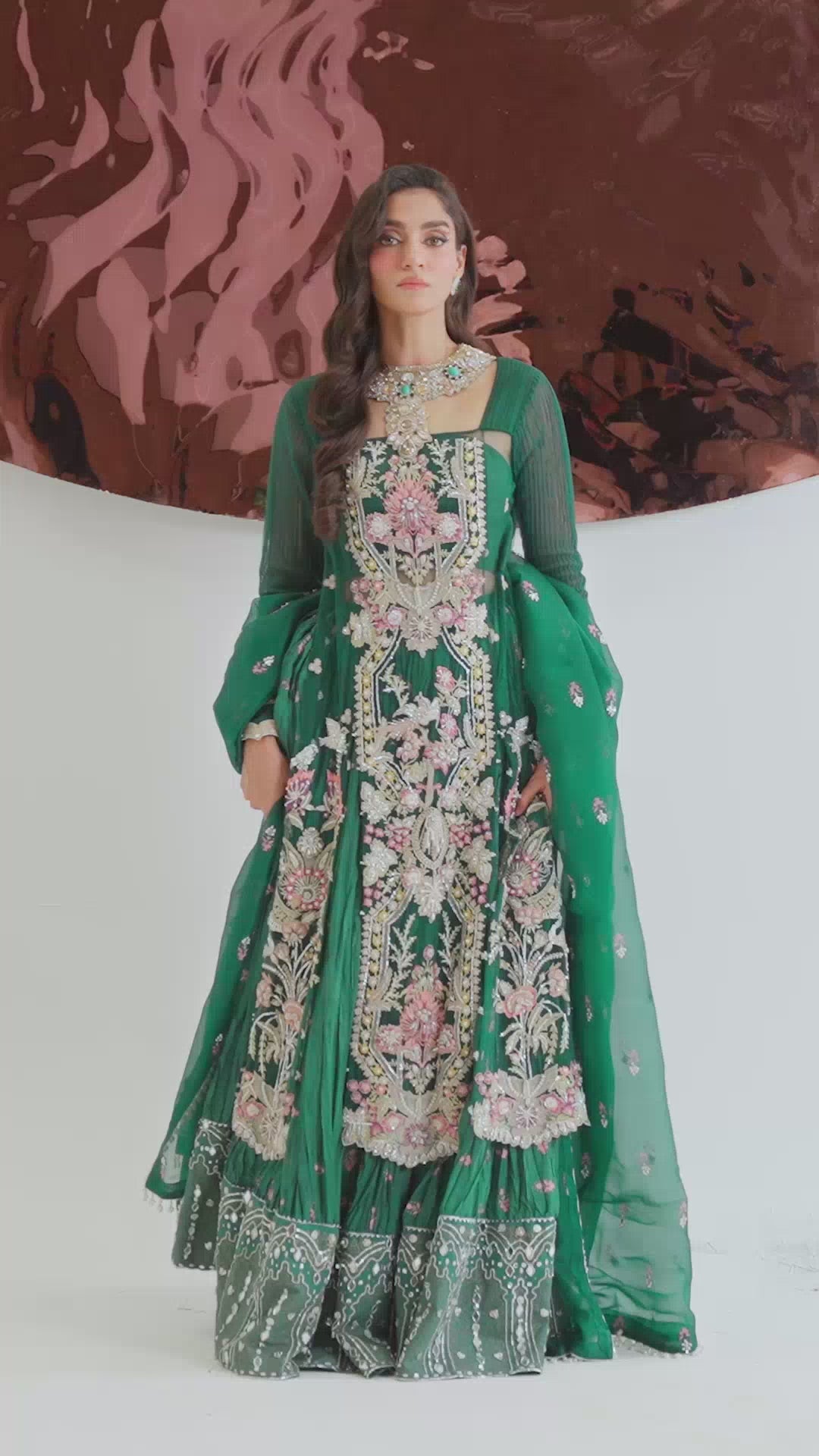 Pakistani Bottle Green Hand-Embellished Net Lehenga (3-Piece) - Image 9