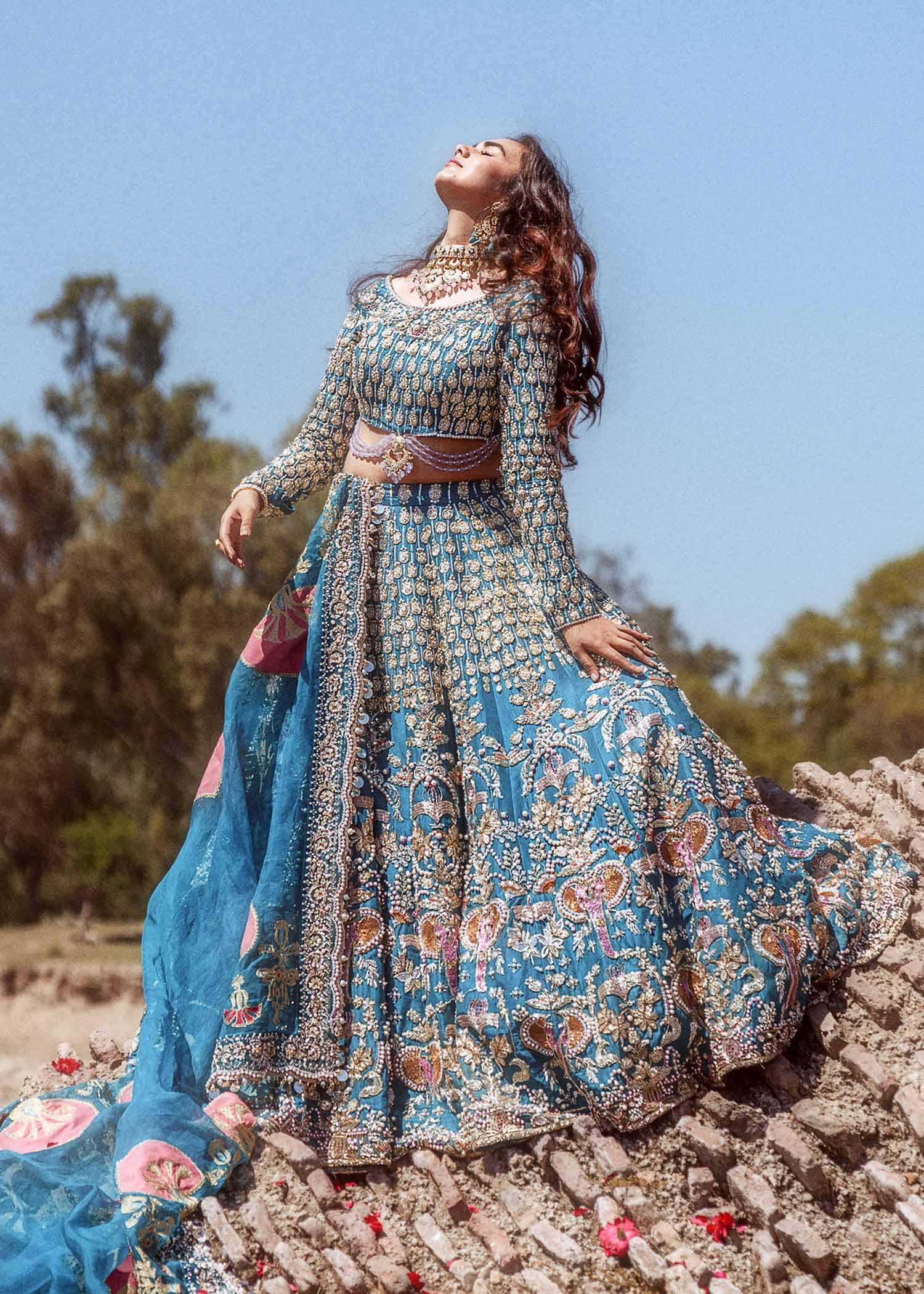 Pakistani Teal Embellished Raw Silk Lehenga Choli (3-Piece) - Image 1