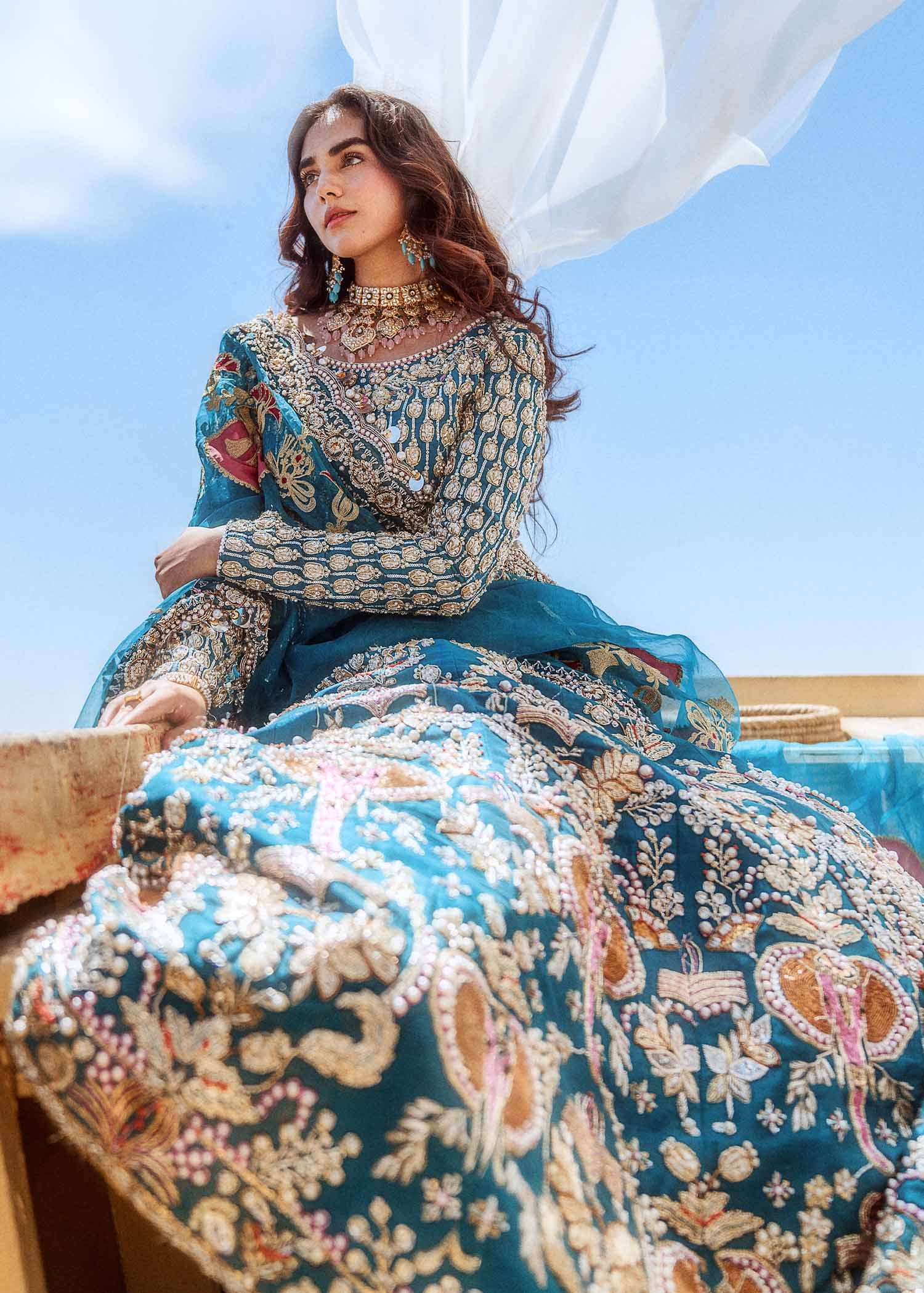 Pakistani Teal Embellished Raw Silk Lehenga Choli (3-Piece) - Image 2