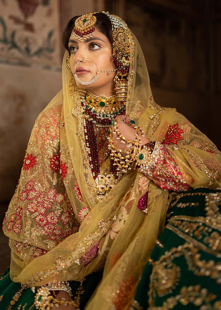 Emerald Green Embroidered Raw Silk Lehenga (3-Piece) - Image 11