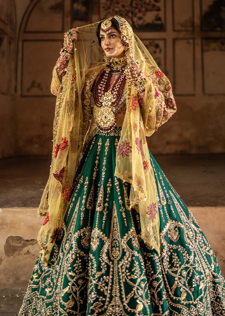 Emerald Green Embroidered Raw Silk Lehenga (3-Piece) - Image 12
