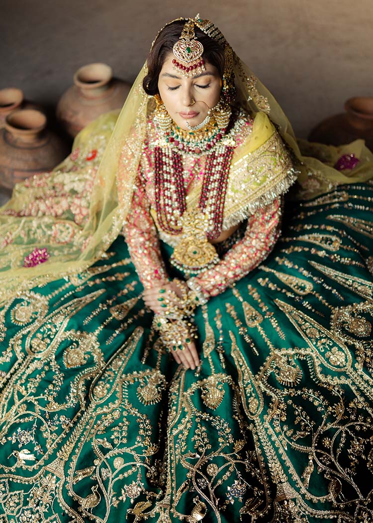 Emerald Green Embroidered Raw Silk Lehenga (3-Piece) - Image 2