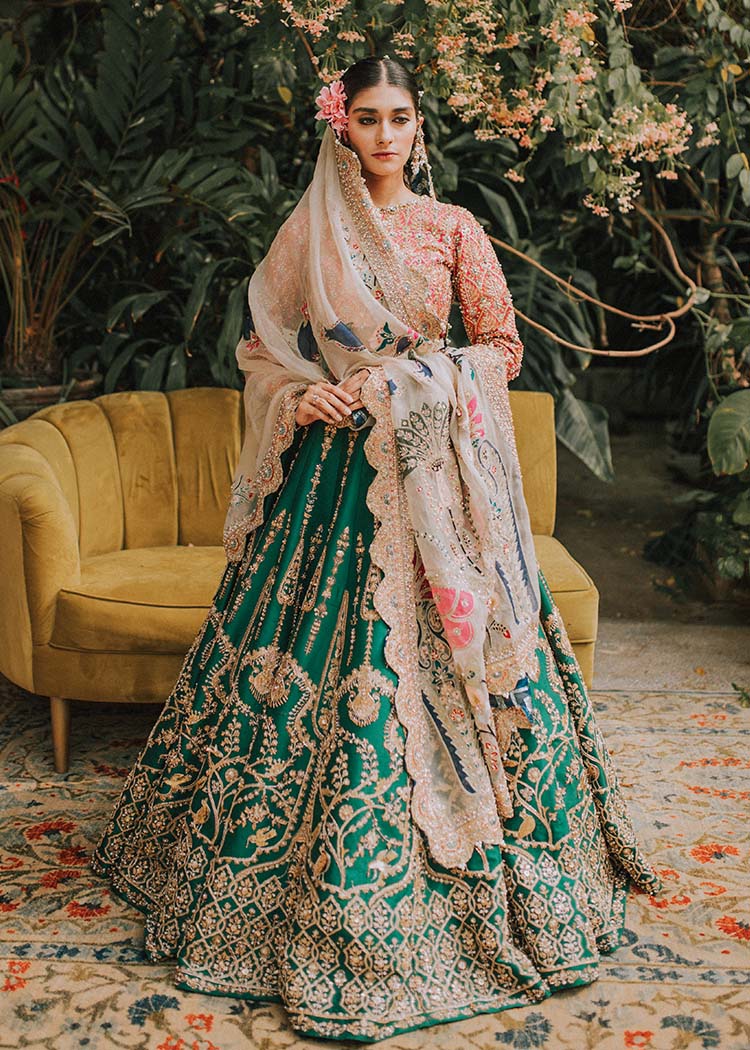 Emerald Green Embroidered Raw Silk Lehenga (3-Piece) - Image 3