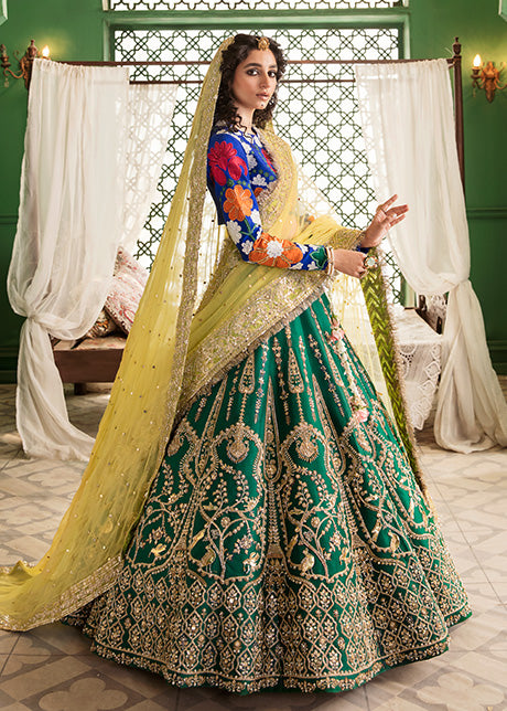 Emerald Green Embroidered Raw Silk Lehenga (3-Piece) - Image 7