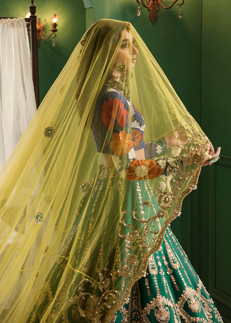 Emerald Green Embroidered Raw Silk Lehenga (3-Piece) - Image 8