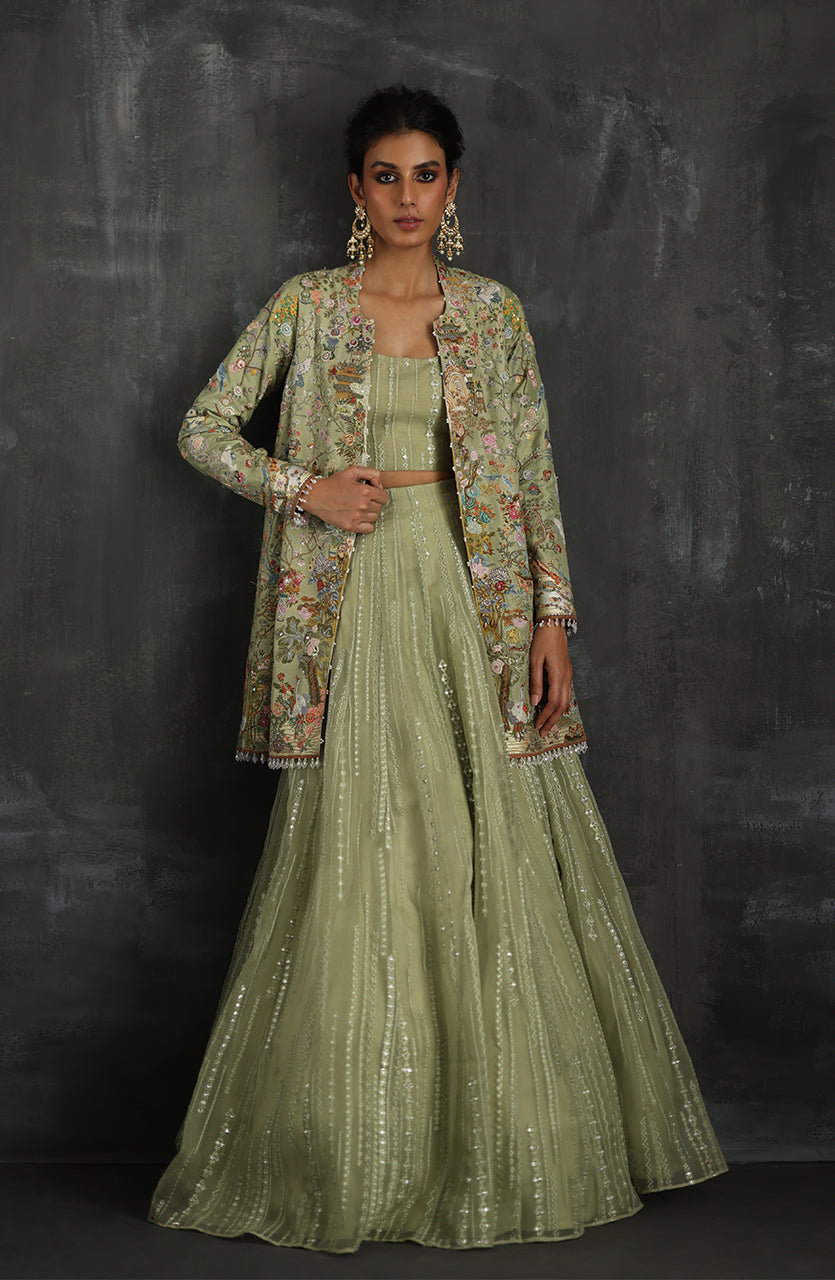 Mint Green Embroidered Raw Silk Jacket & Organza Lehenga (3-Piece) - Image 1