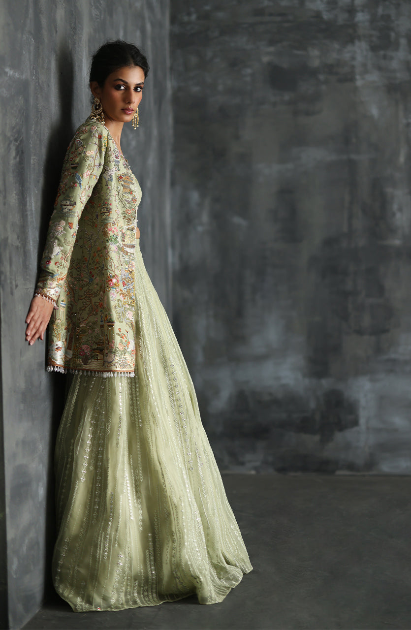 Mint Green Embroidered Raw Silk Jacket & Organza Lehenga (3-Piece) - Image 3