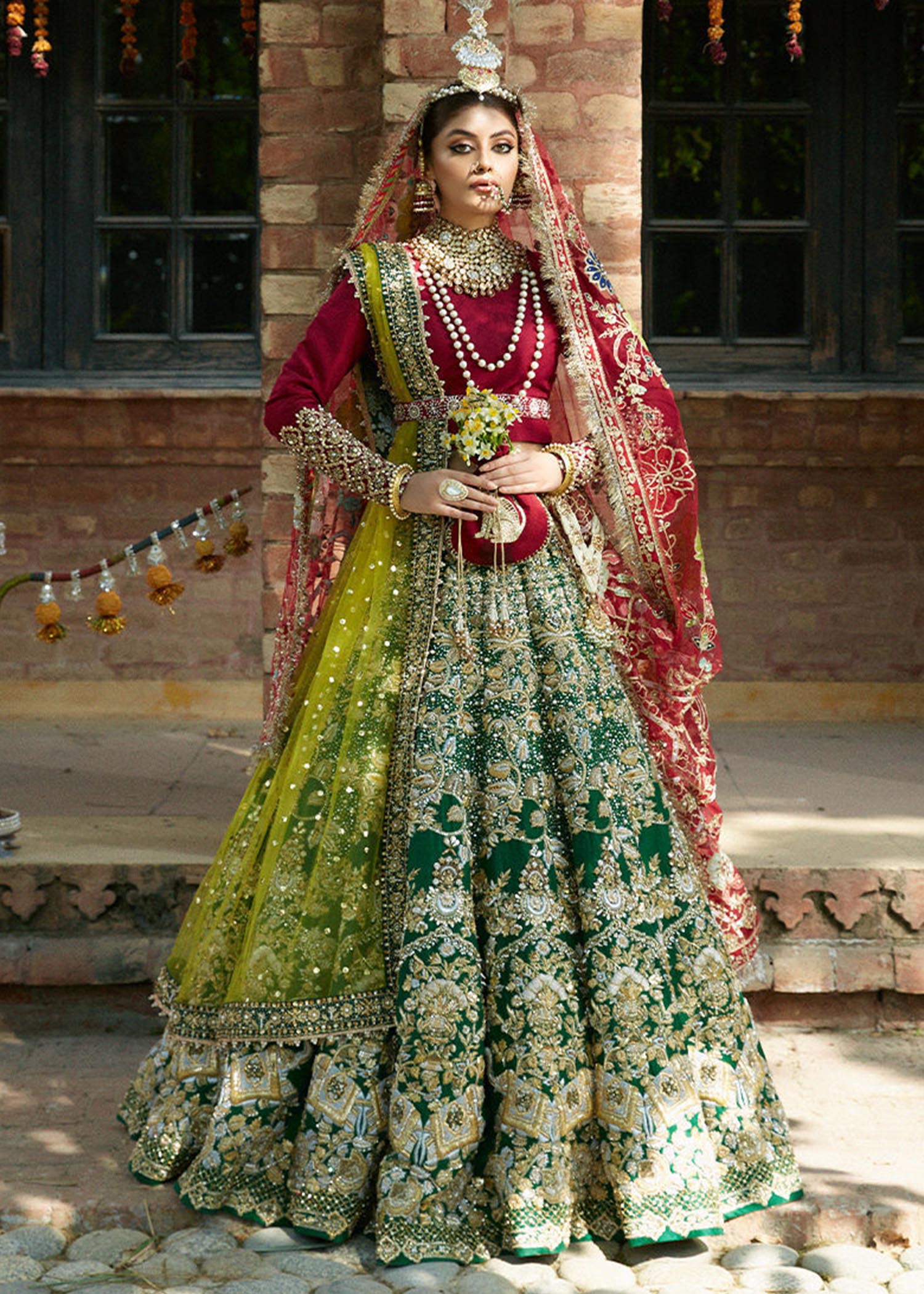 Pakistani Bottle Green & Blood Red Raw Silk Bridal Lehenga (5-Piece) - Image 1