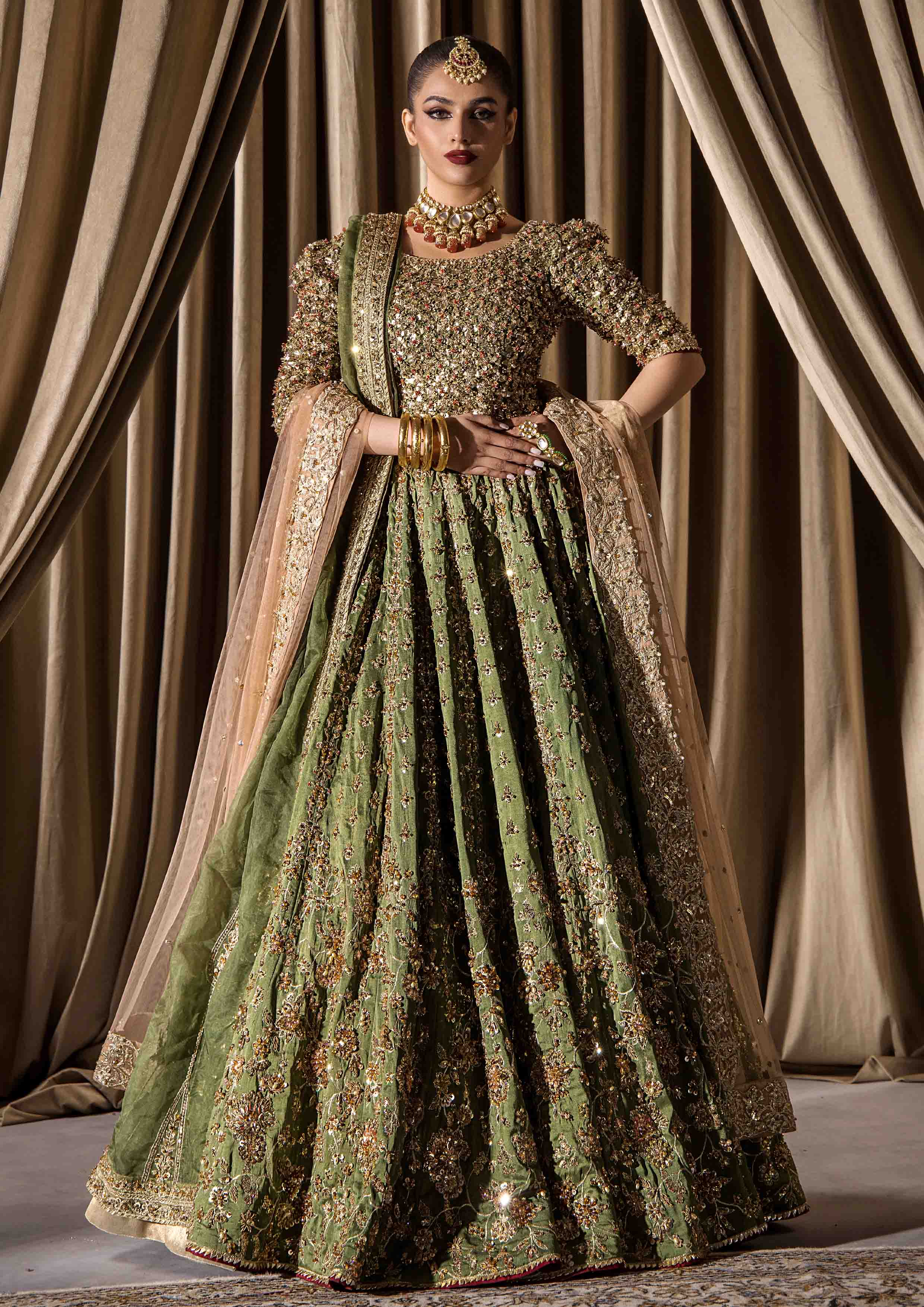 Olive Green Adda Work Raw Silk Bridal Lehnga Choli (3-Piece) - Image 1