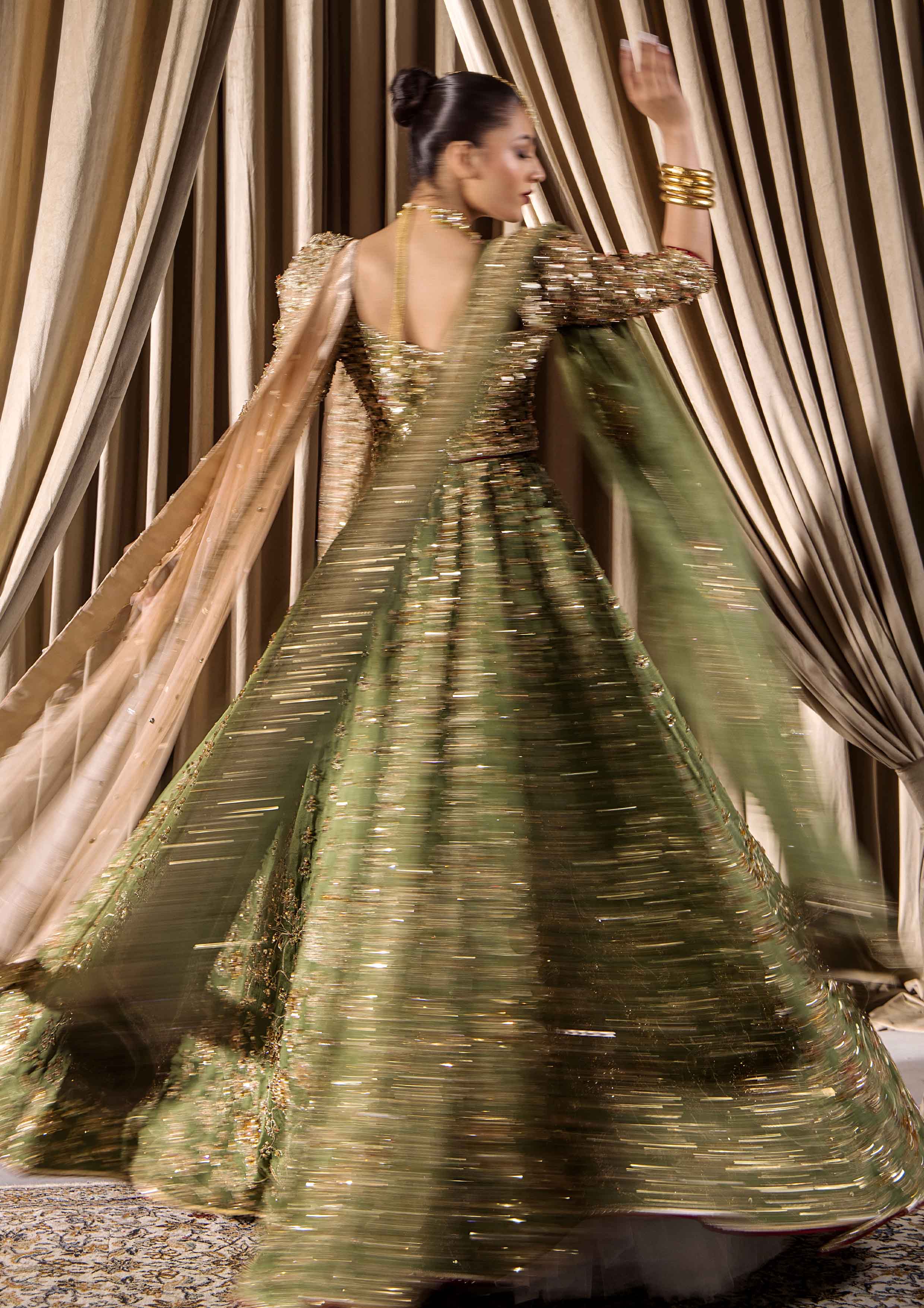 Olive Green Adda Work Raw Silk Bridal Lehnga Choli (3-Piece) - Image 3