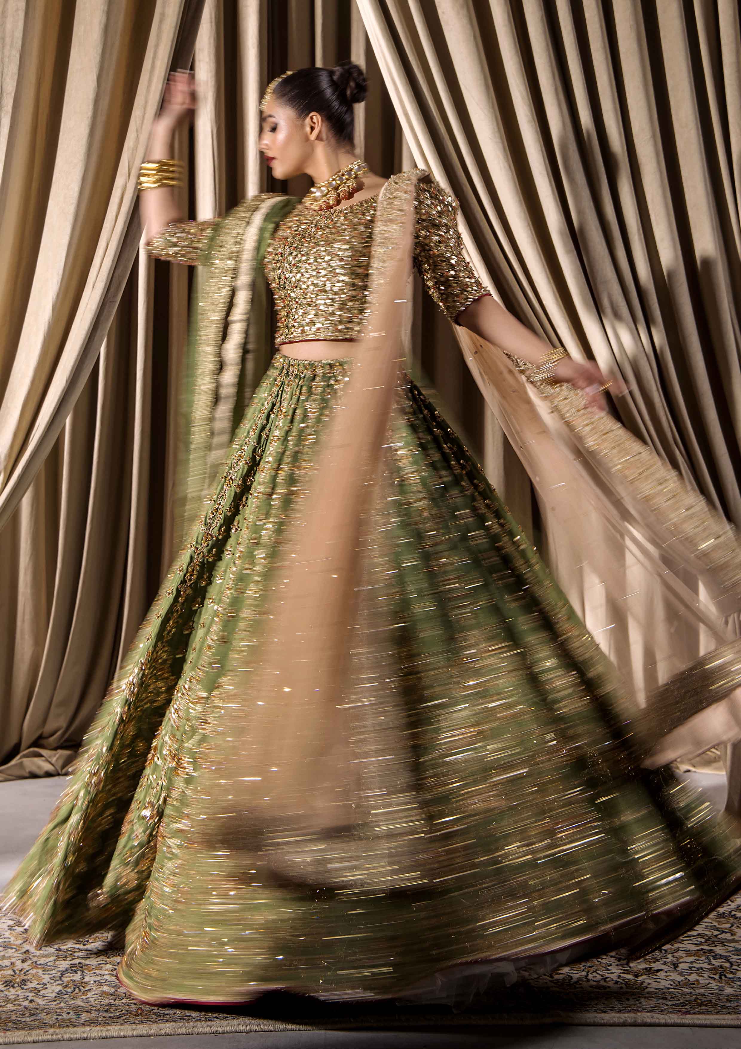 Olive Green Adda Work Raw Silk Bridal Lehnga Choli (3-Piece) - Image 4
