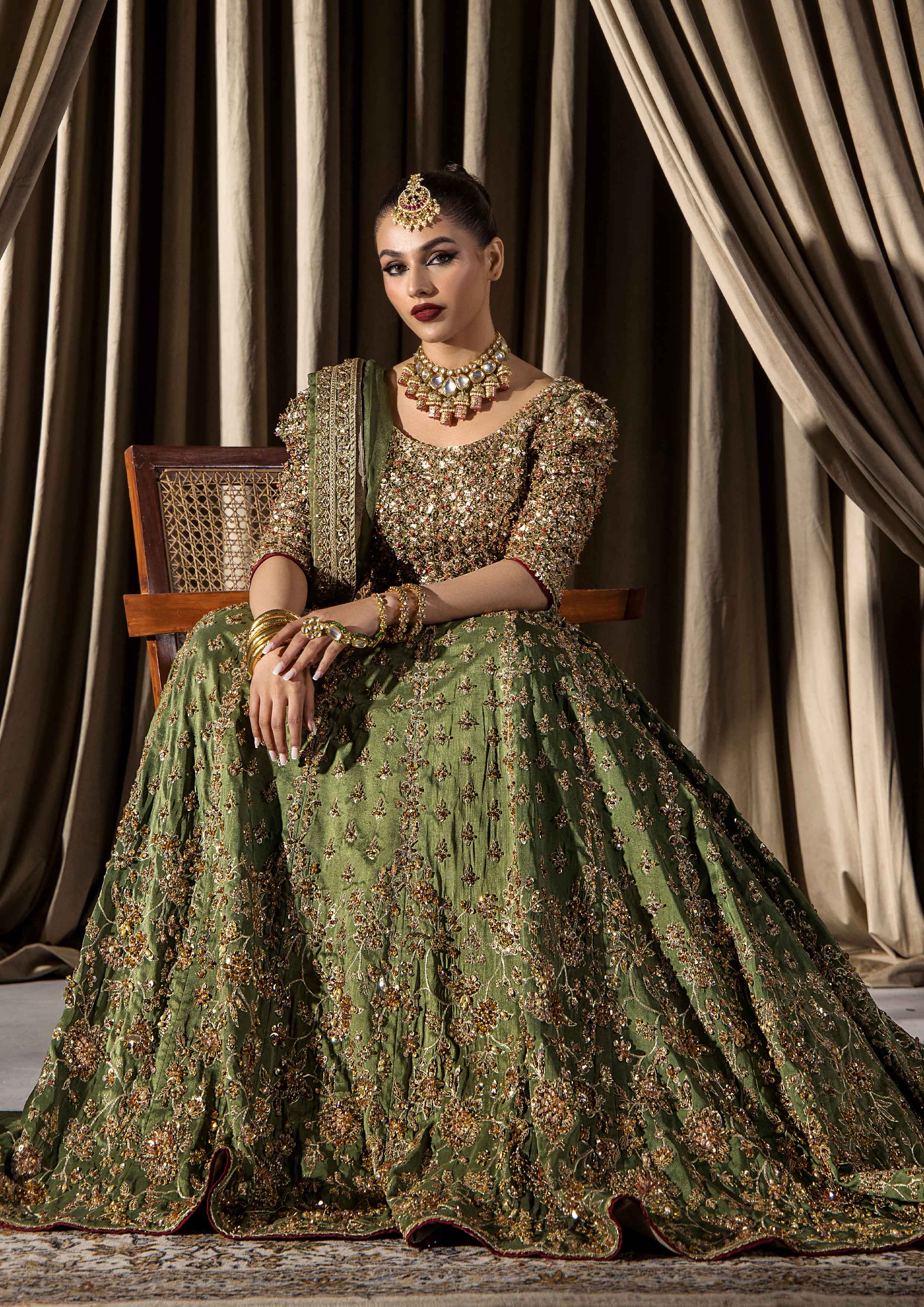 Olive Green Adda Work Raw Silk Bridal Lehnga Choli (3-Piece) - Image 5