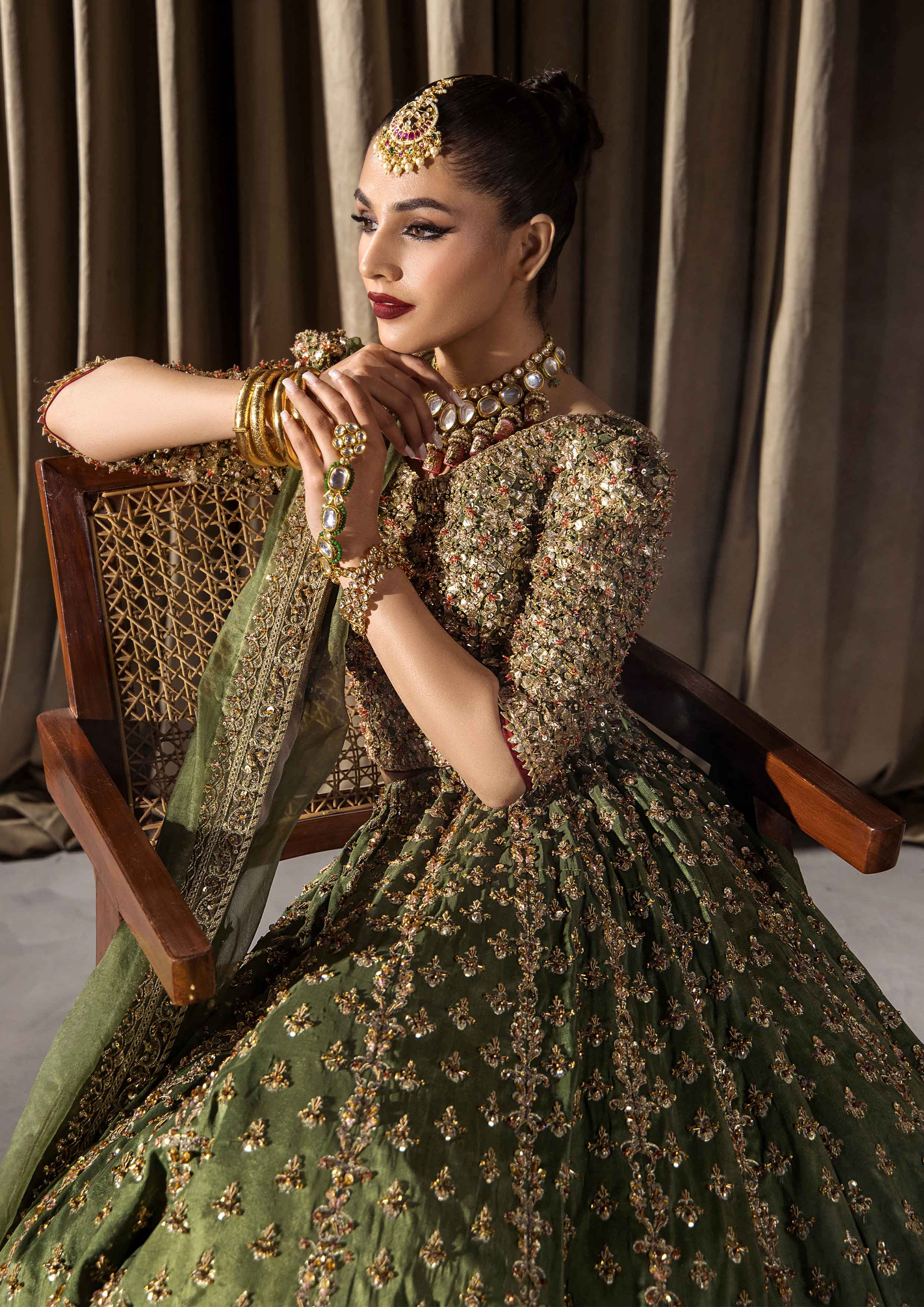 Olive Green Adda Work Raw Silk Bridal Lehnga Choli (3-Piece) - Image 6