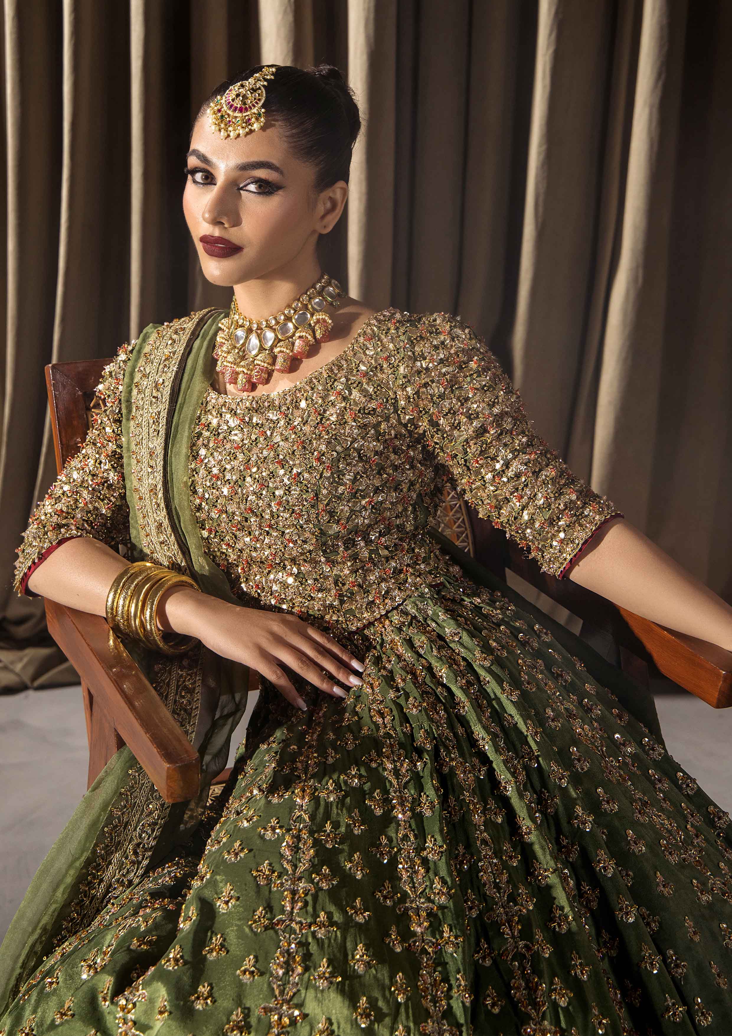 Olive Green Adda Work Raw Silk Bridal Lehnga Choli (3-Piece) - Image 7