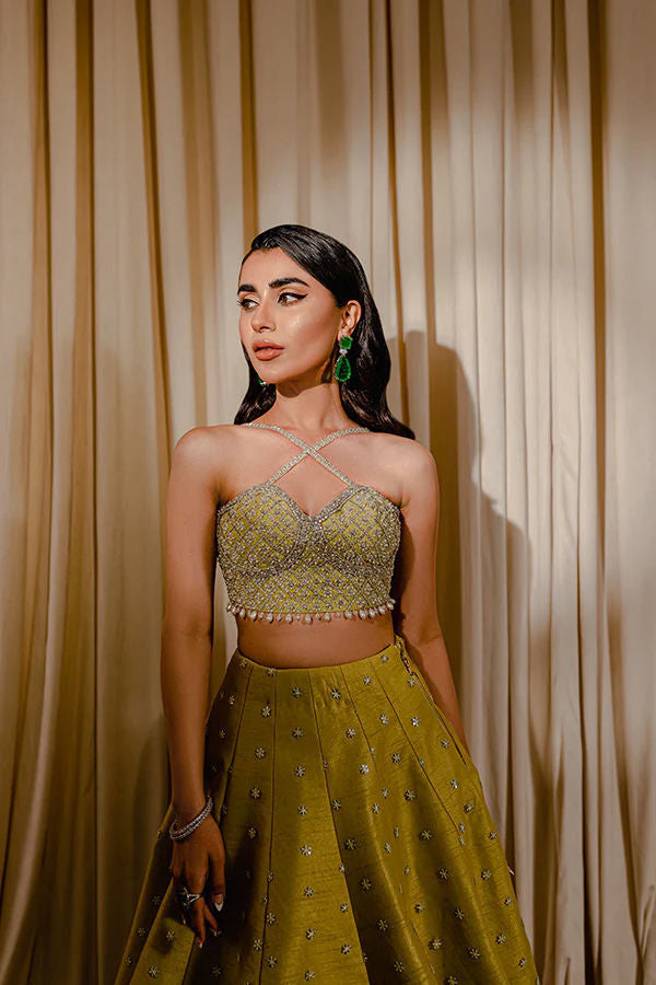 Pakistani Lime Green Embroidered Raw Silk Lehenga Set (3-Piece) - Image 1