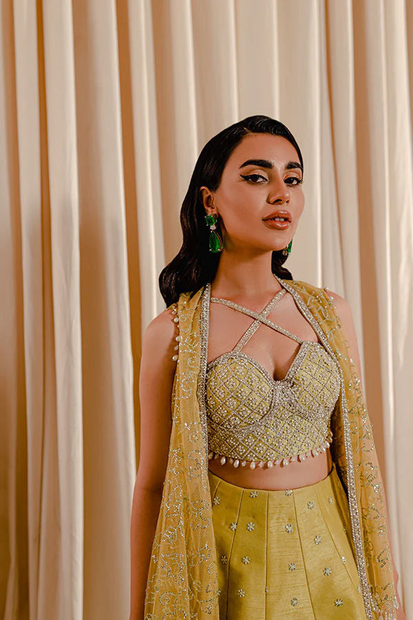 Pakistani Lime Green Embroidered Raw Silk Lehenga Set (3-Piece) - Image 3