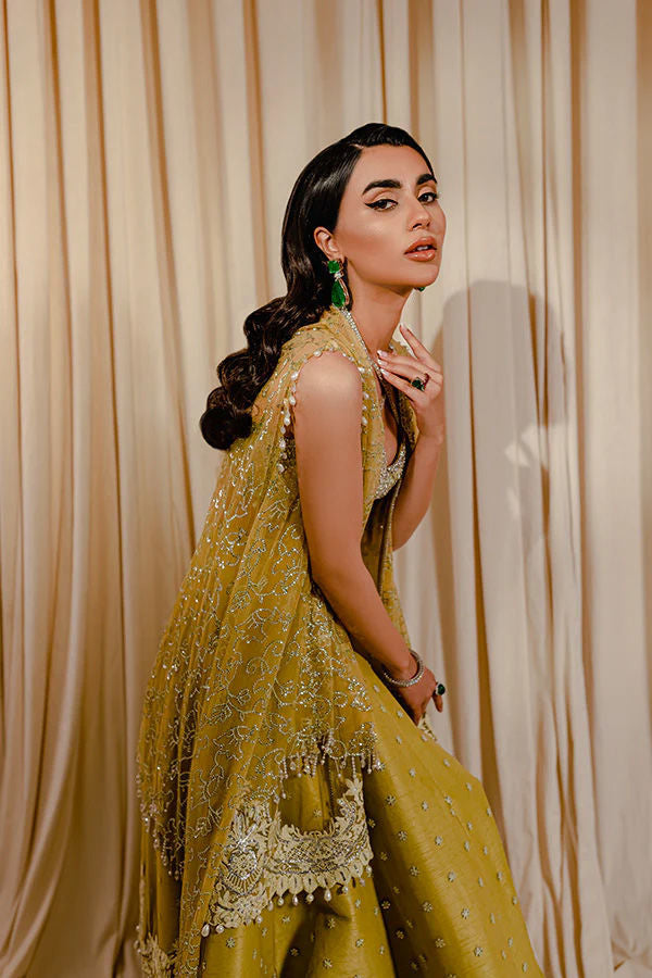 Pakistani Lime Green Embroidered Raw Silk Lehenga Set (3-Piece) - Image 4