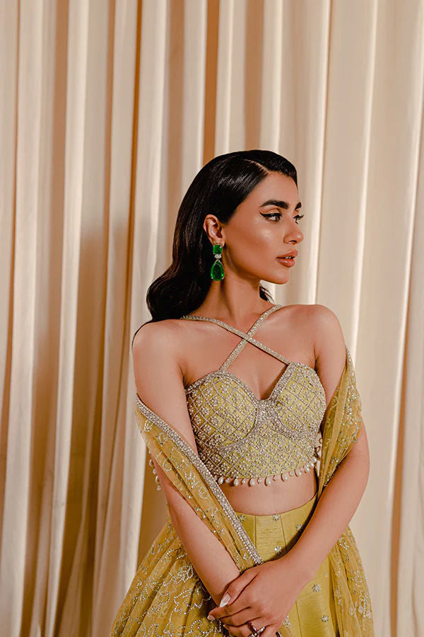 Pakistani Lime Green Embroidered Raw Silk Lehenga Set (3-Piece) - Image 5