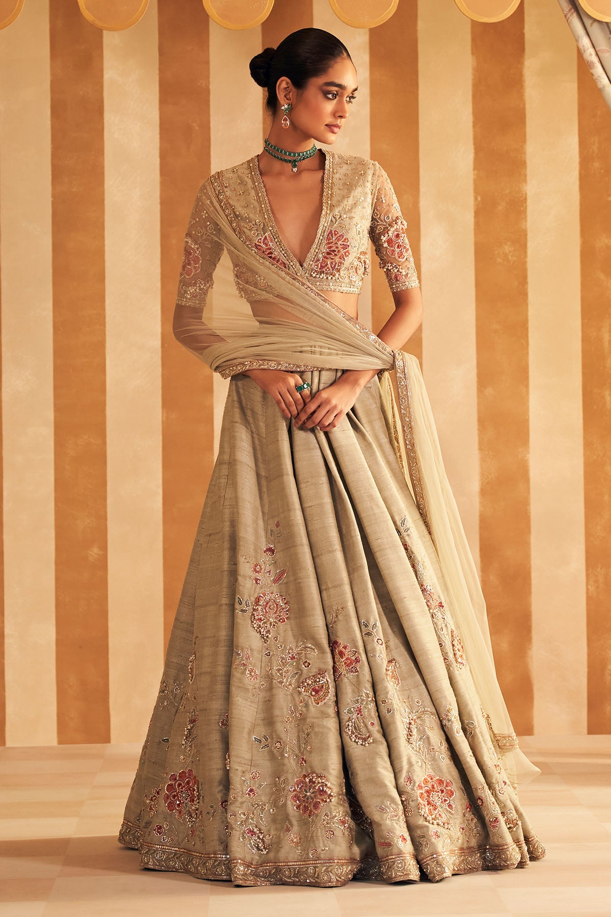 Indian Silver Green Embroidered Net & Raw Silk Lehenga (3-Piece) - Image 1