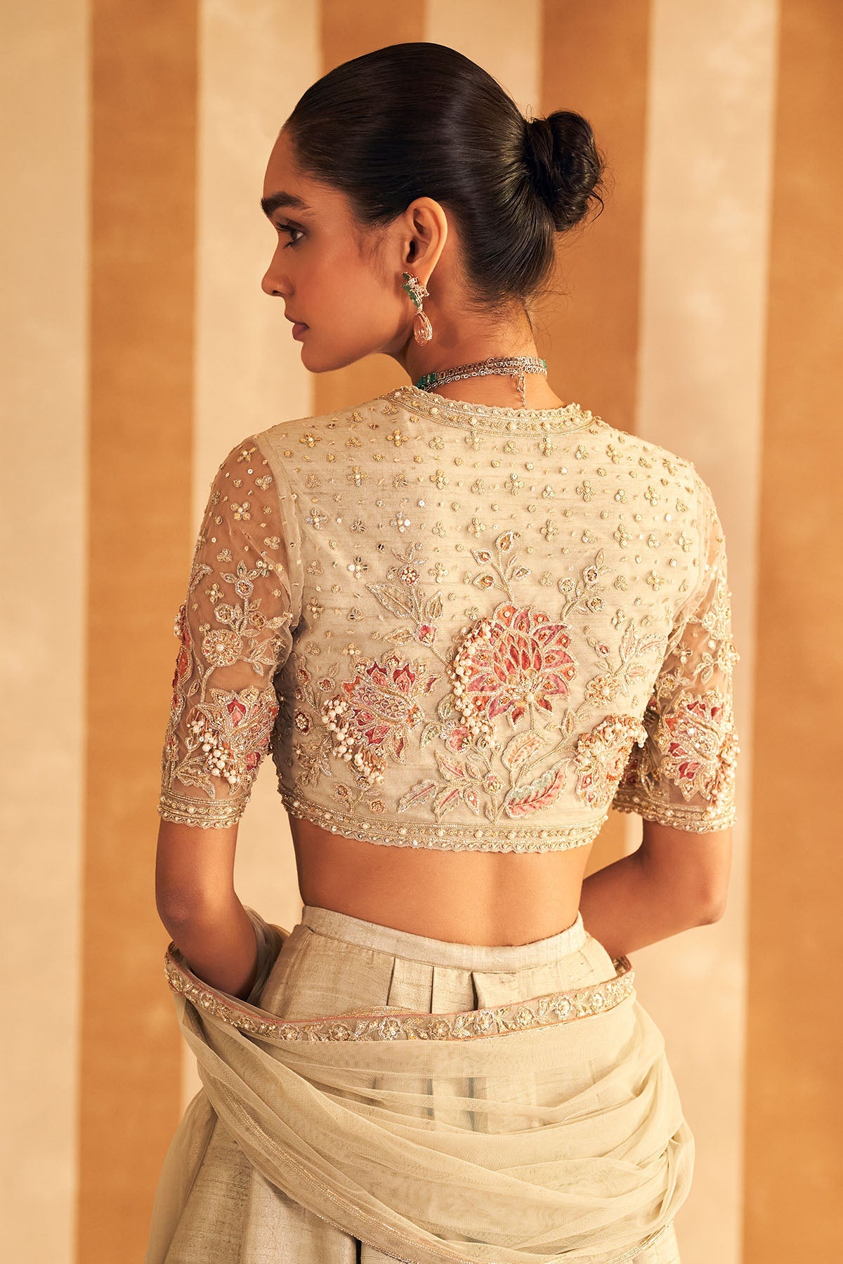 Indian Silver Green Embroidered Net & Raw Silk Lehenga (3-Piece) - Image 4