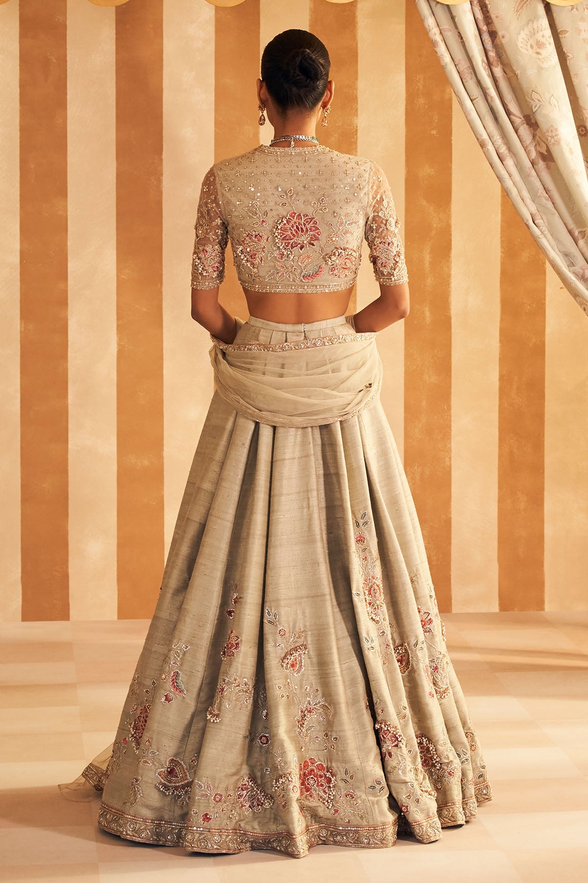Indian Silver Green Embroidered Net & Raw Silk Lehenga (3-Piece) - Image 5