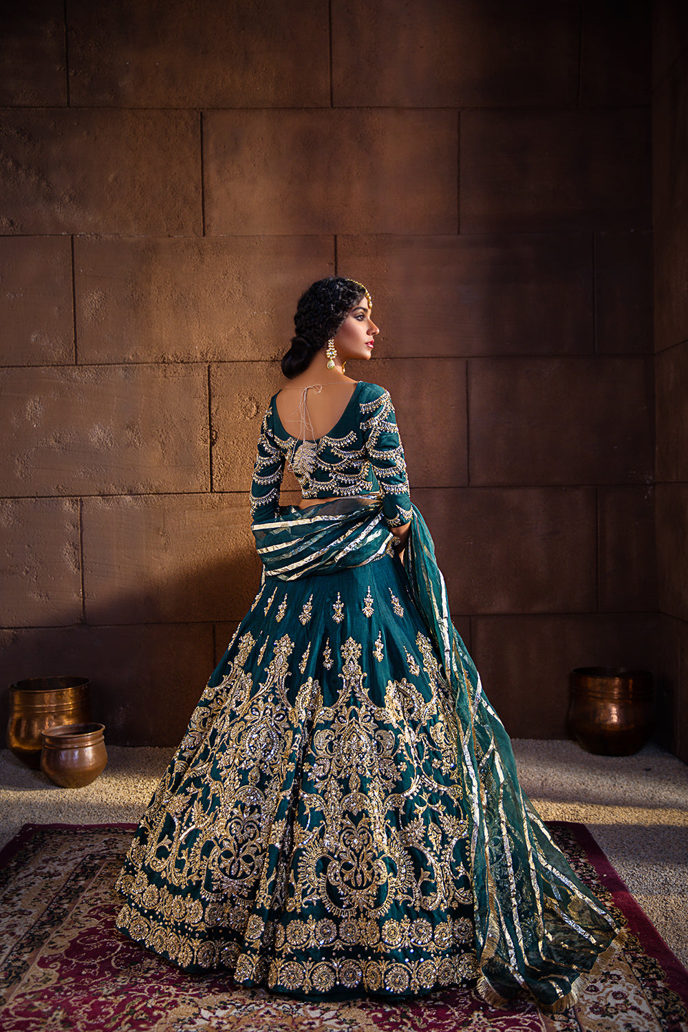 Dark Green Embroidered Korean Raw Silk Lehnga Choli (3-Piece) - Image 2