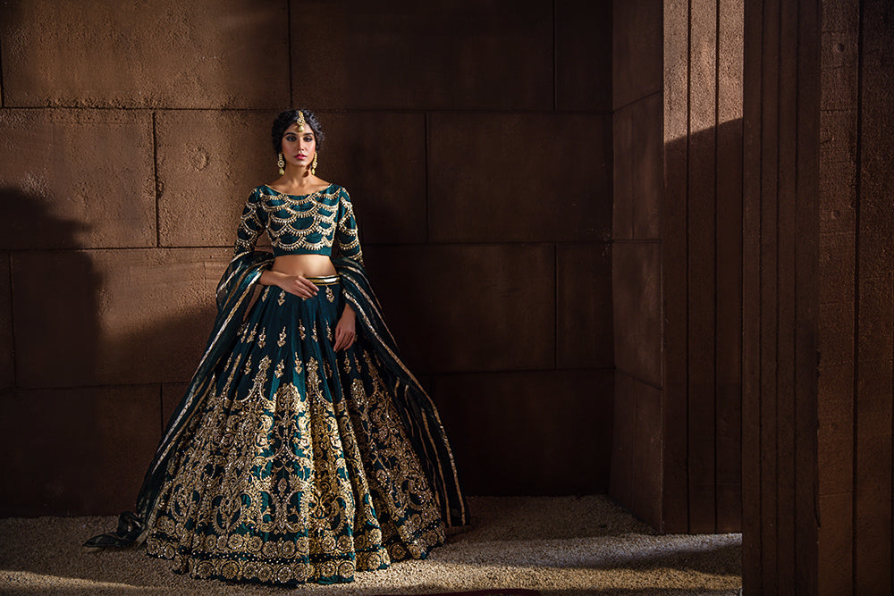 Dark Green Embroidered Korean Raw Silk Lehnga Choli (3-Piece) - Image 3