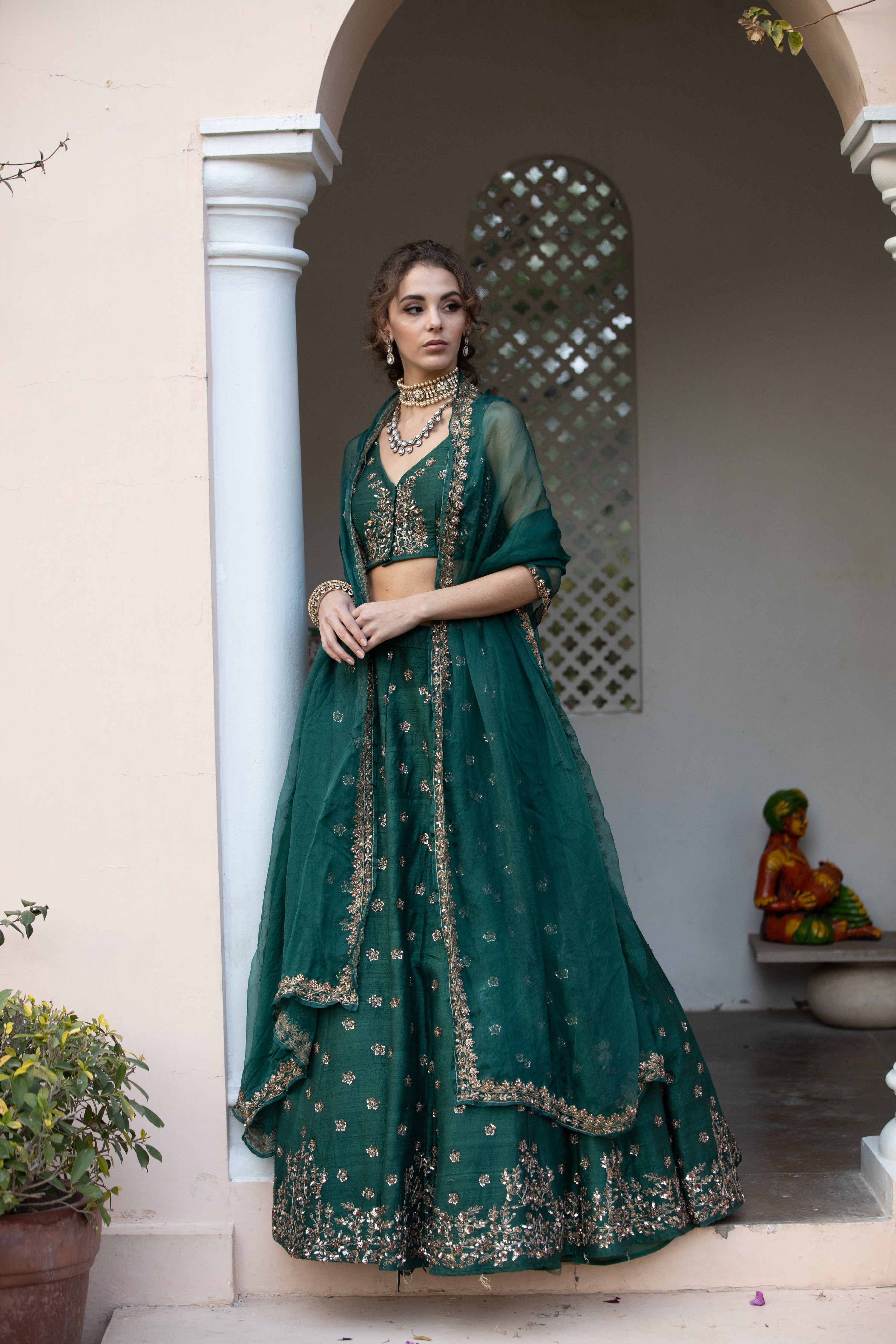 Indian Dark Green Embroidered Raw Silk Lehenga (3-Piece) - Image 1