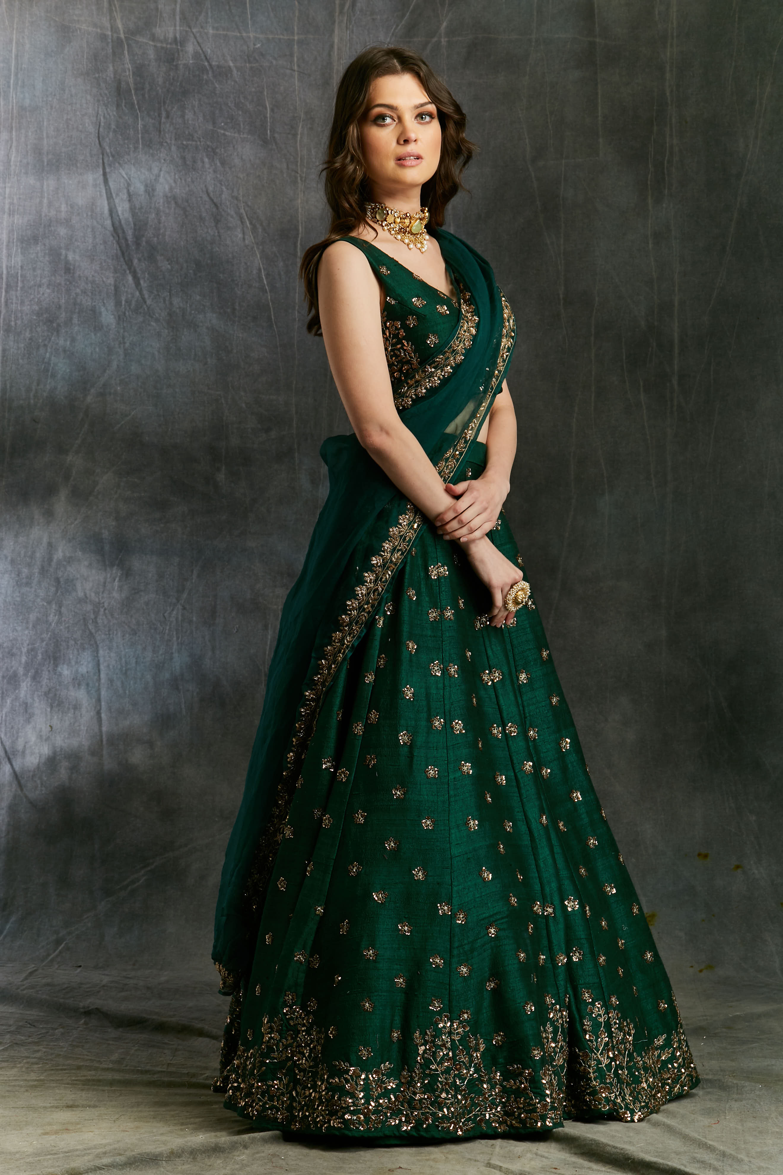 Indian Dark Green Embroidered Raw Silk Lehenga (3-Piece) - Image 2