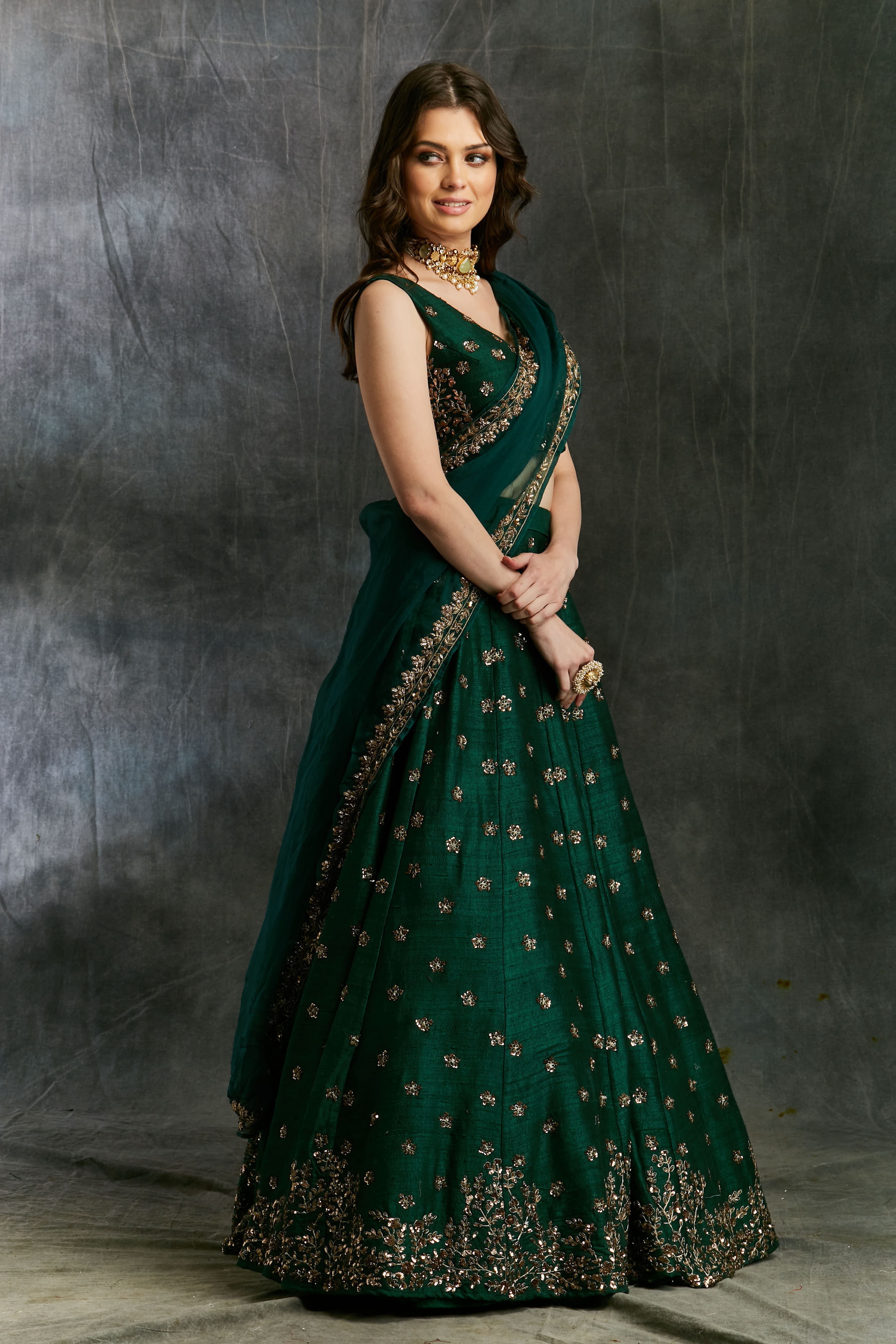 Indian Dark Green Embroidered Raw Silk Lehenga (3-Piece) - Image 3