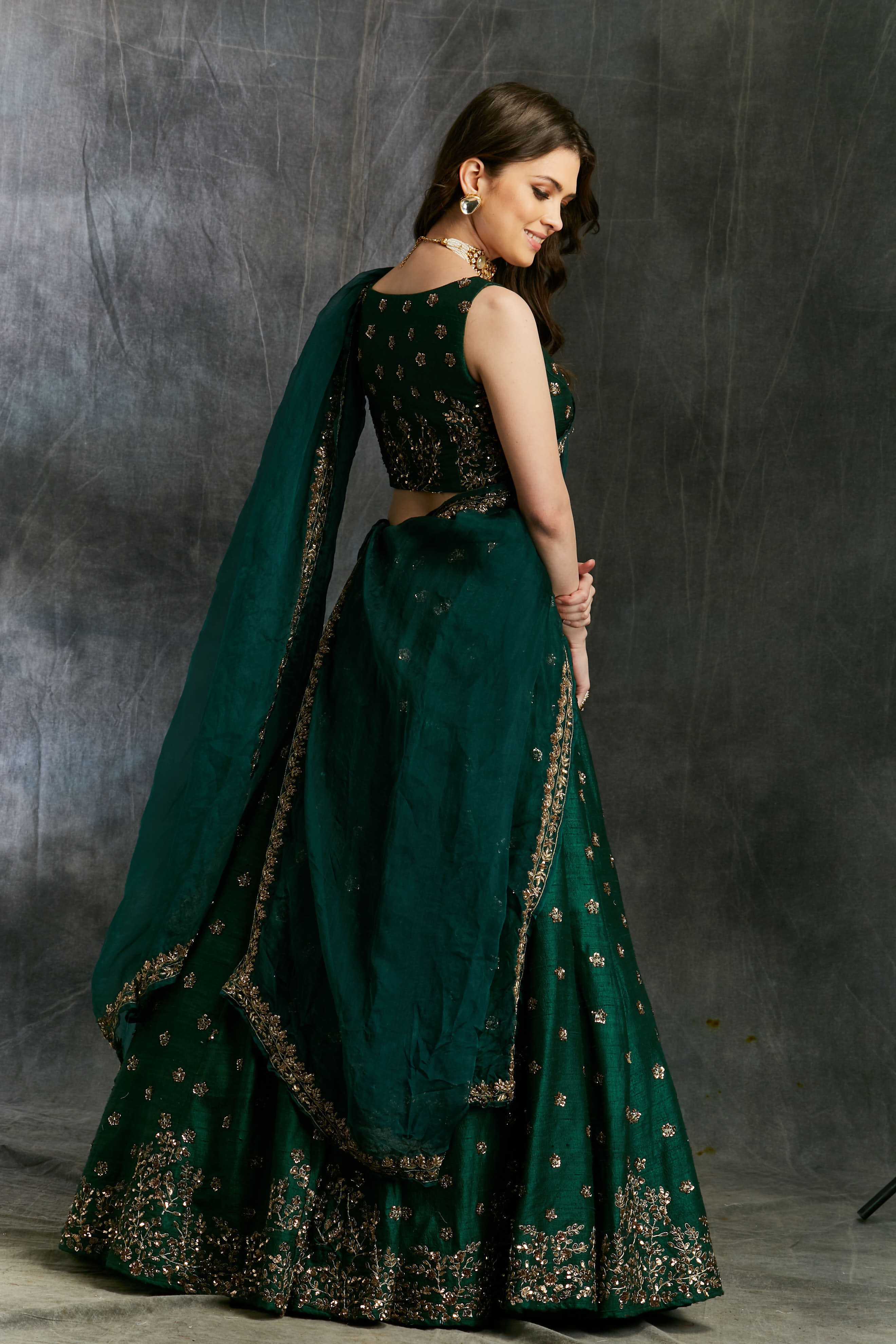 Indian Dark Green Embroidered Raw Silk Lehenga (3-Piece) - Image 4