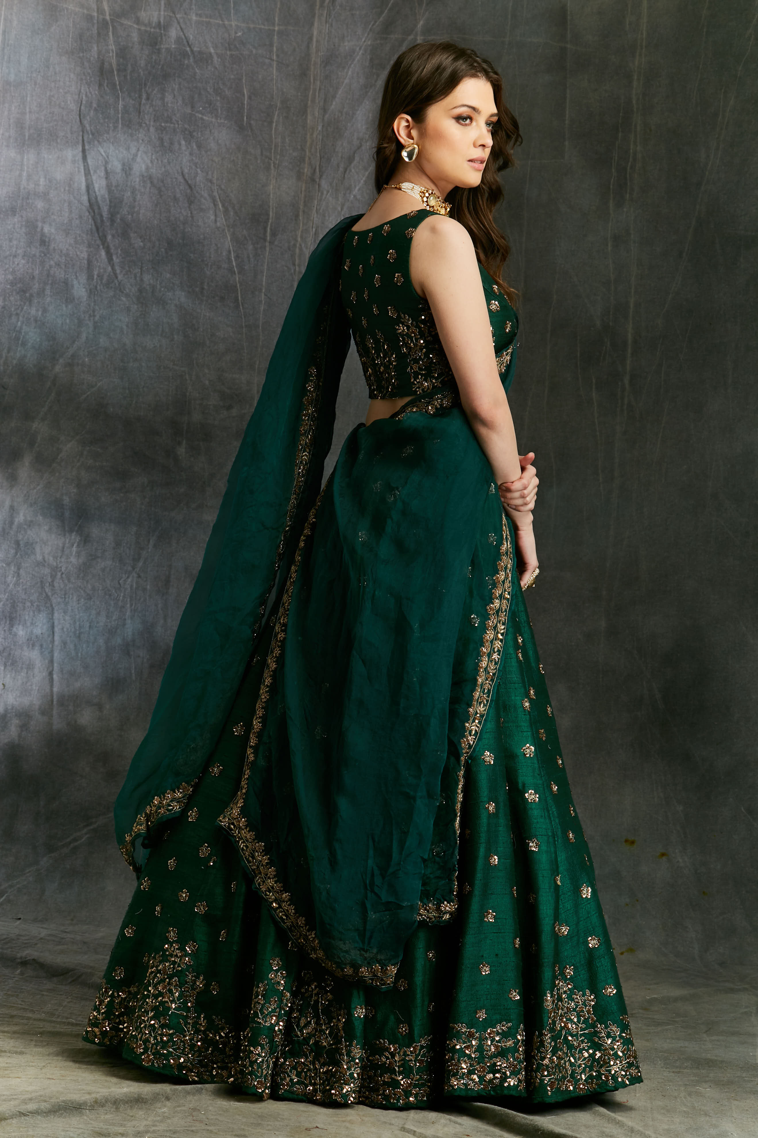 Indian Dark Green Embroidered Raw Silk Lehenga (3-Piece) - Image 5