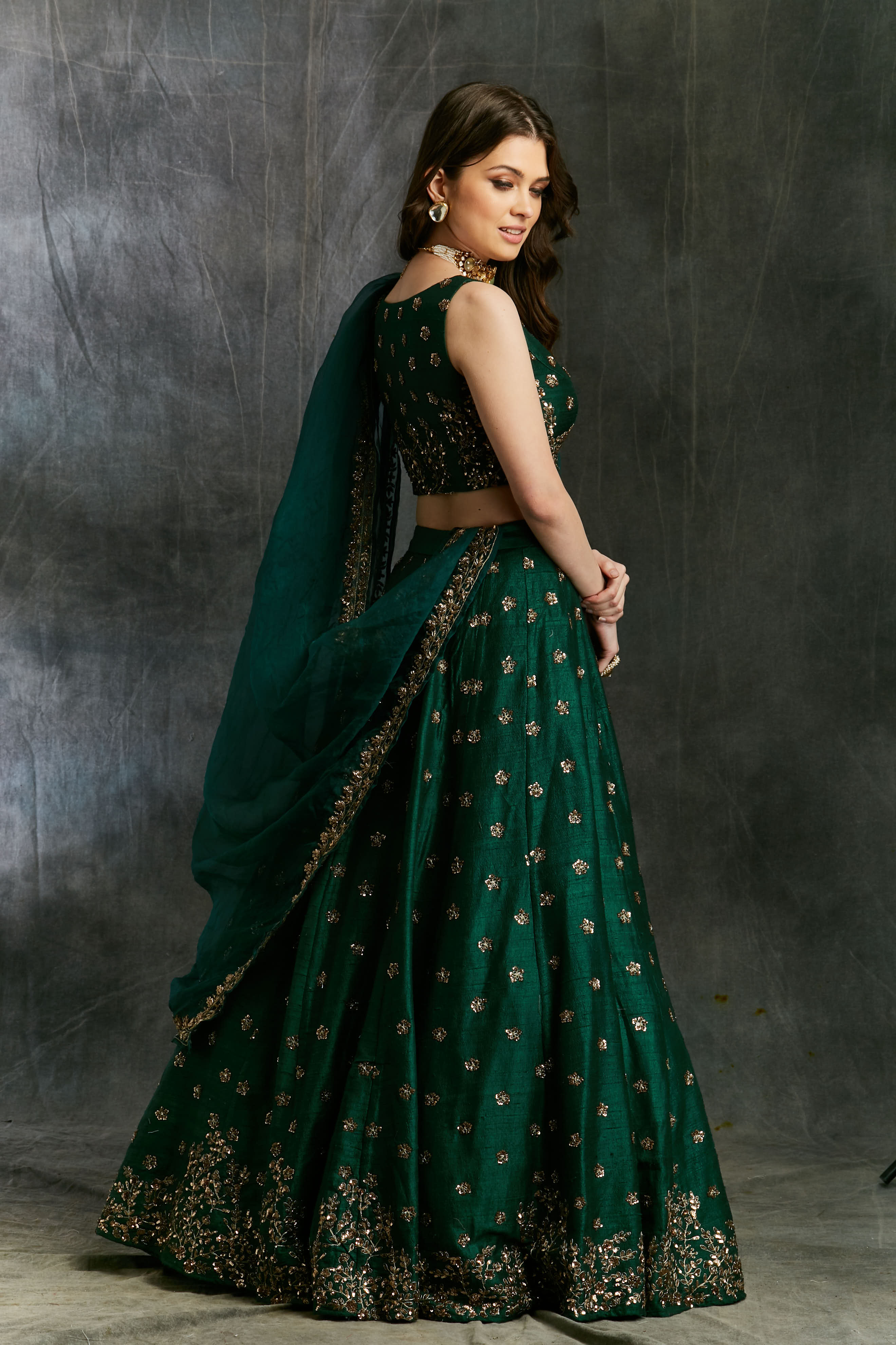 Indian Dark Green Embroidered Raw Silk Lehenga (3-Piece) - Image 6