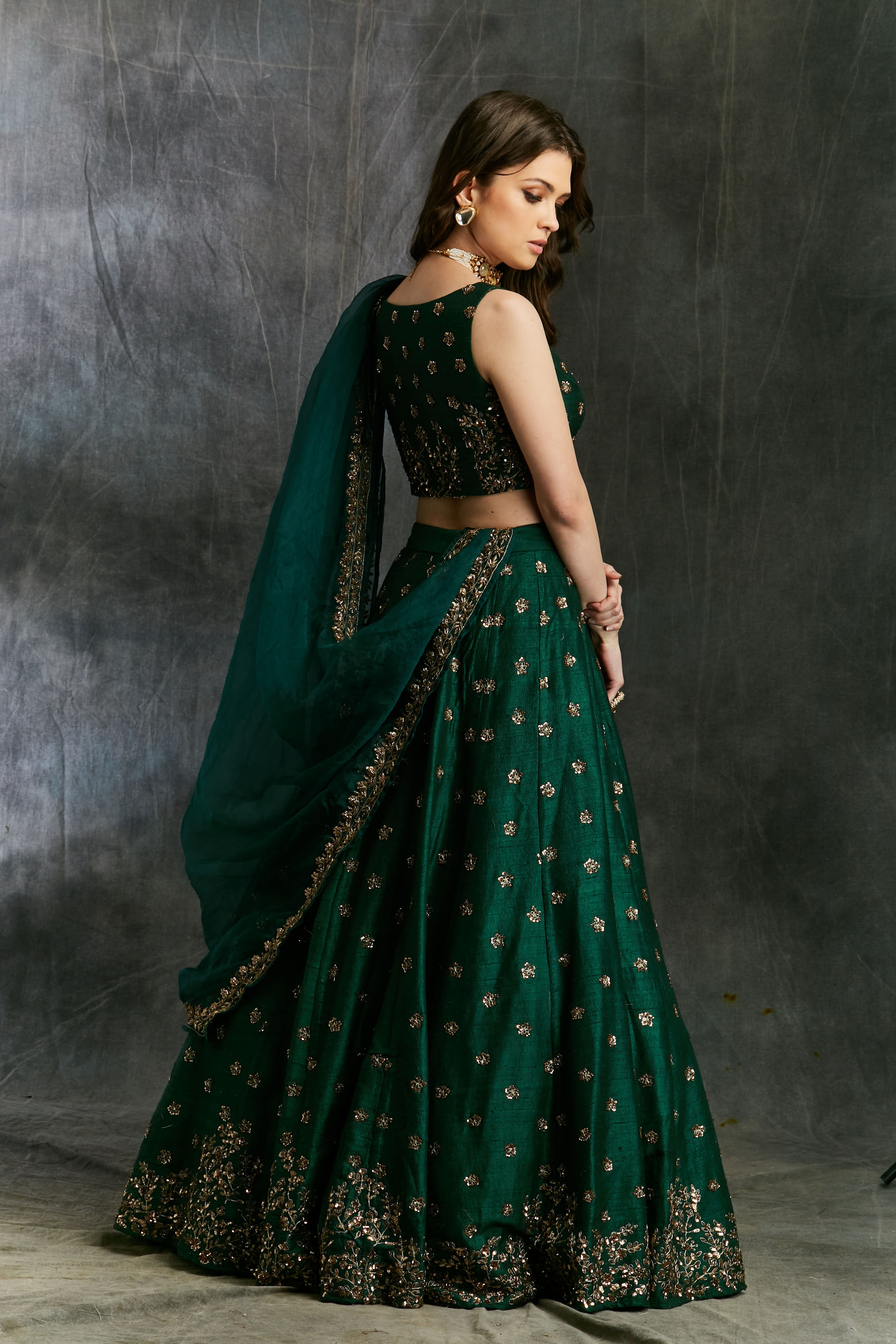 Indian Dark Green Embroidered Raw Silk Lehenga (3-Piece) - Image 7