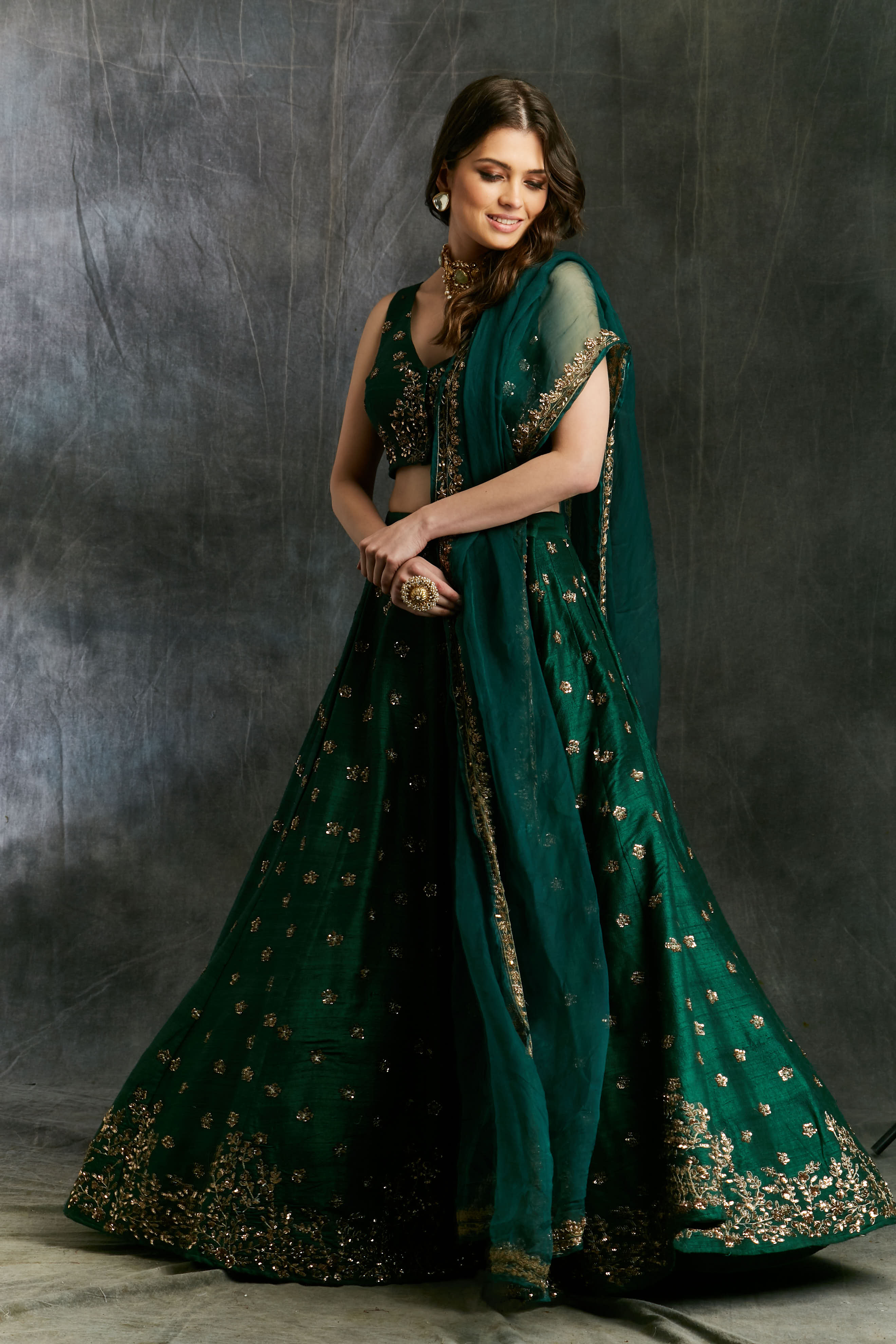 Indian Dark Green Embroidered Raw Silk Lehenga (3-Piece) - Image 8