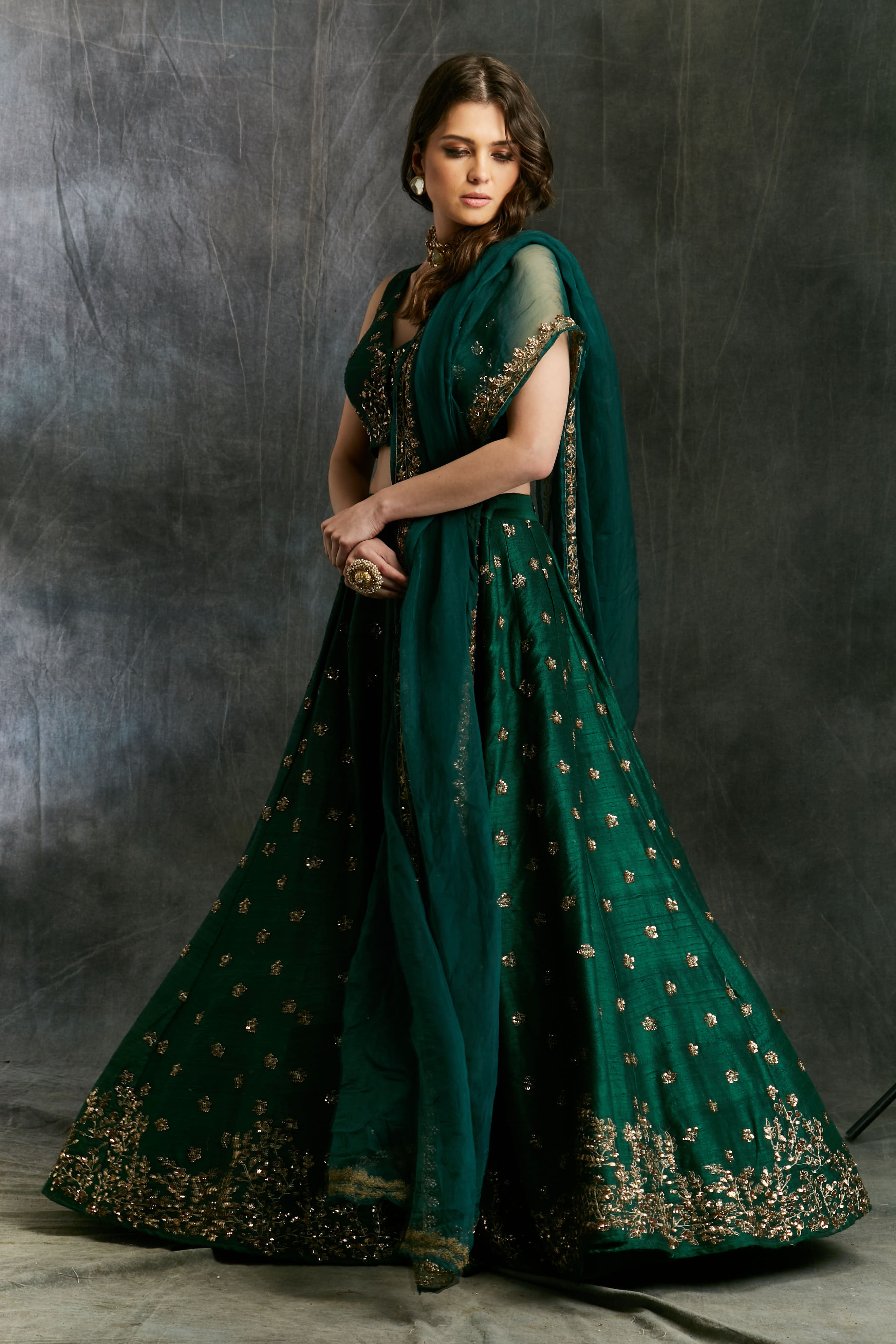 Indian Dark Green Embroidered Raw Silk Lehenga (3-Piece) - Image 9