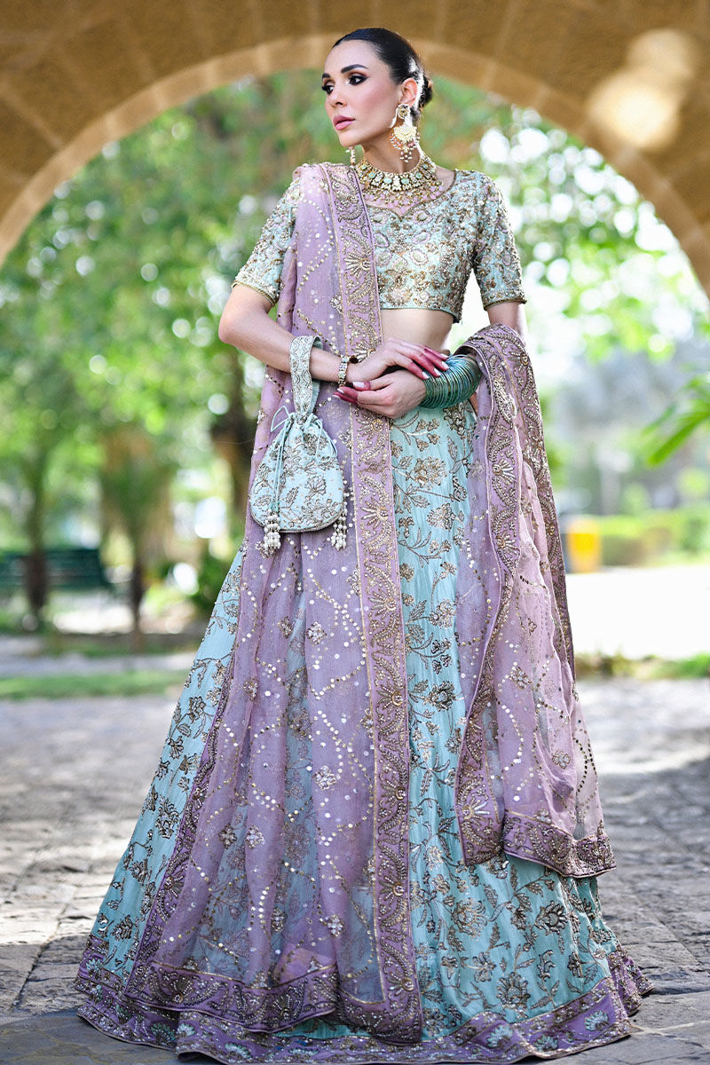 Pakistani Teal Embroidered Raw Silk Lehenga Choli (3-Piece) - Image 1