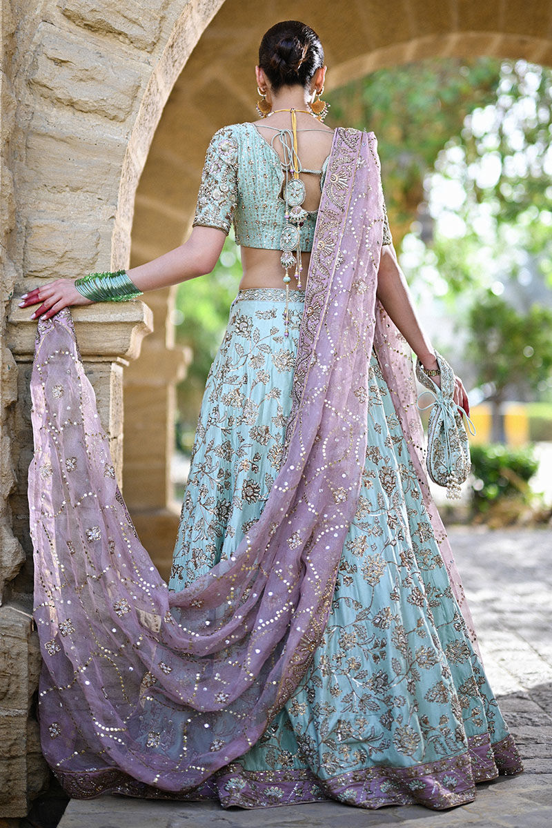 Pakistani Teal Embroidered Raw Silk Lehenga Choli (3-Piece) - Image 3