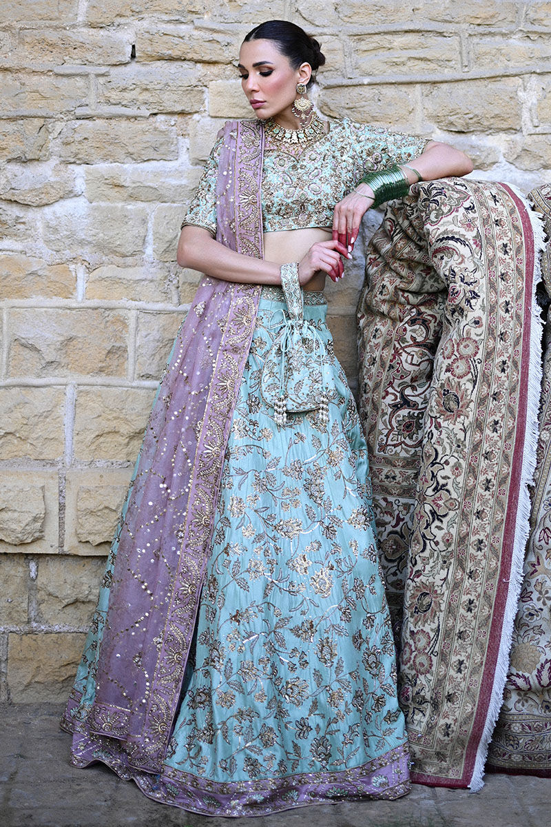 Pakistani Teal Embroidered Raw Silk Lehenga Choli (3-Piece) - Image 4