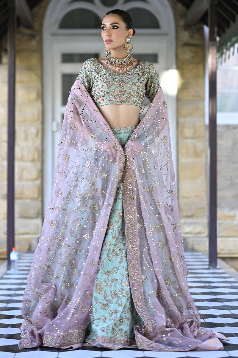 Pakistani Teal Embroidered Raw Silk Lehenga Choli (3-Piece) - Image 5