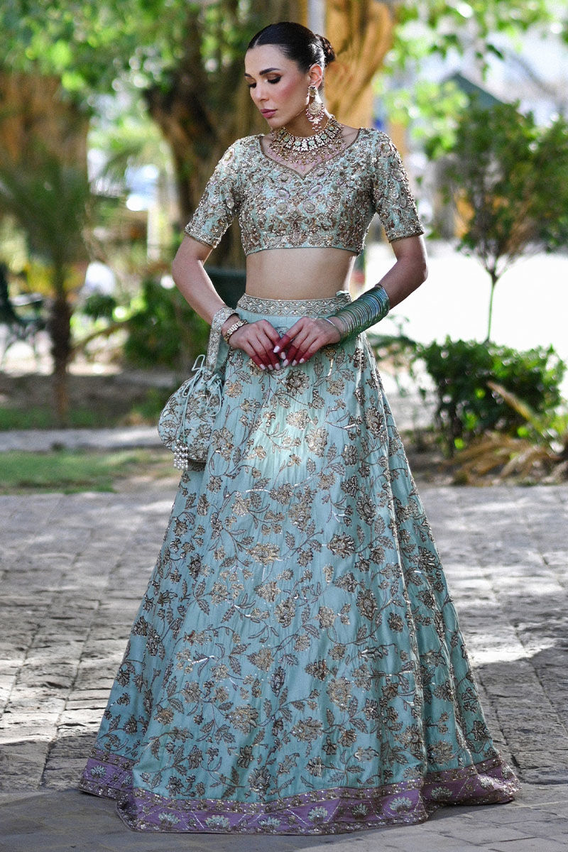 Pakistani Teal Embroidered Raw Silk Lehenga Choli (3-Piece) - Image 6