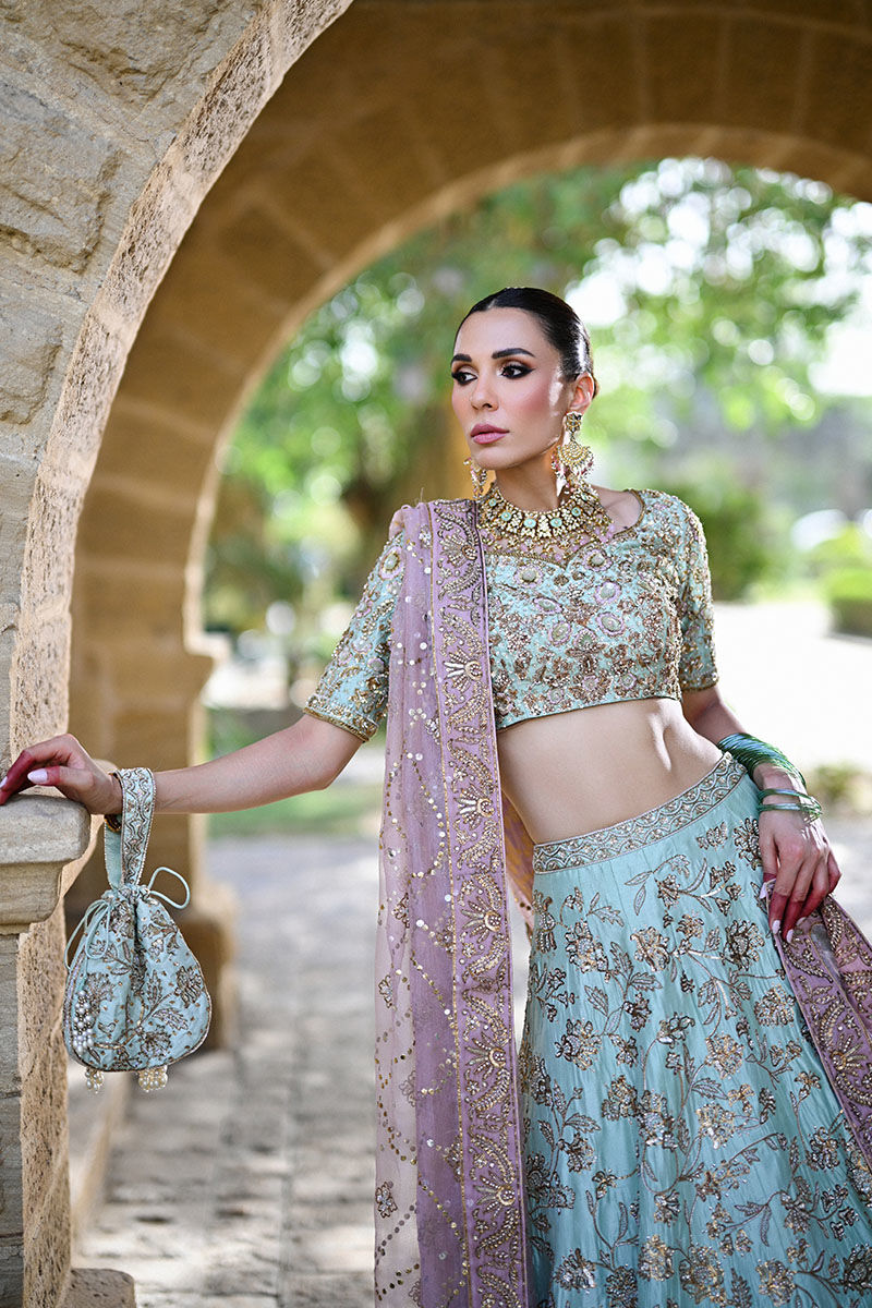 Pakistani Teal Embroidered Raw Silk Lehenga Choli (3-Piece) - Image 7