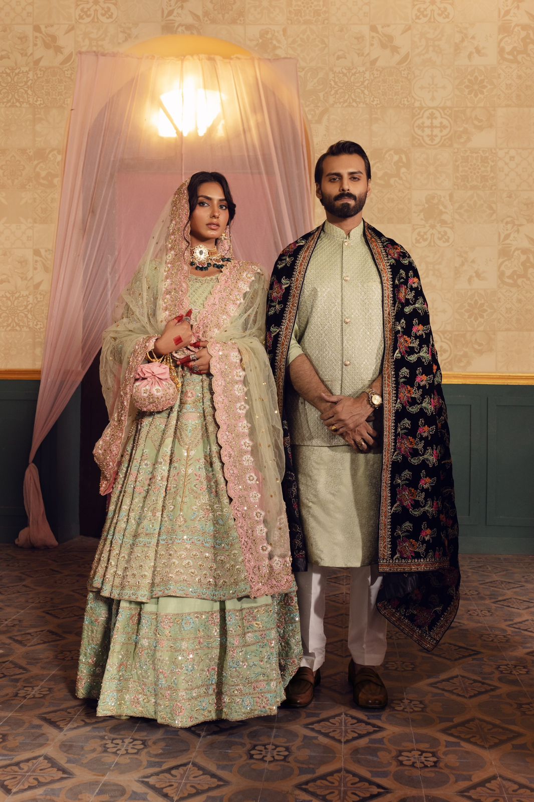 Pakistani Mint Green Embroidered Raw Silk Bridal Frock Lehenga (3-Piece) - Image 1