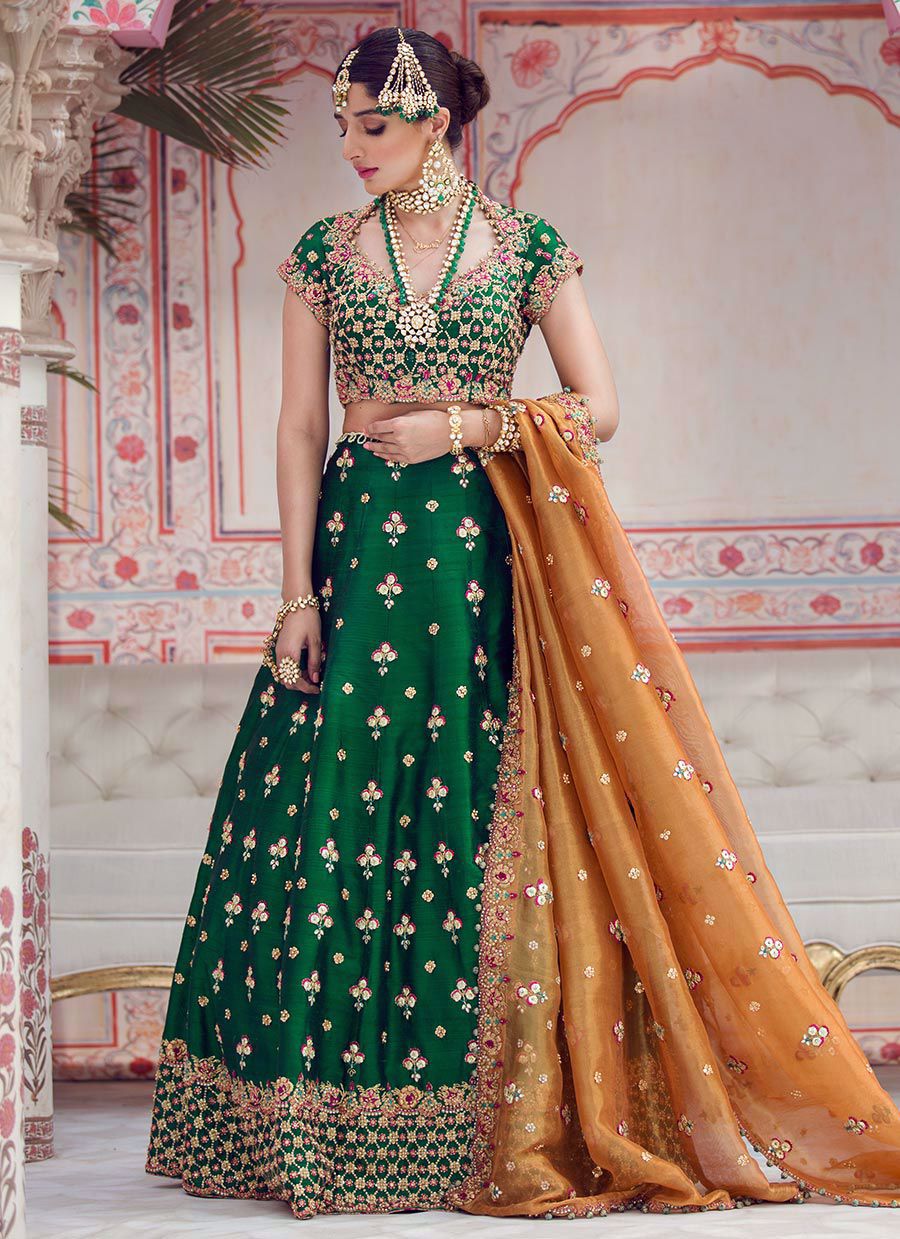 Pakistani Emerald Green Gota & French Knot Raw Silk Lehnga Choli (3-Piece) - Image 1
