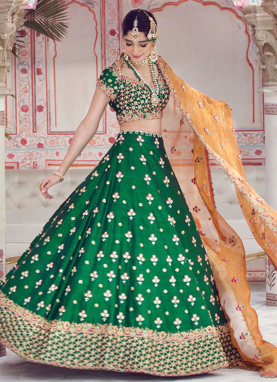 Pakistani Emerald Green Gota & French Knot Raw Silk Lehnga Choli (3-Piece) - Image 2