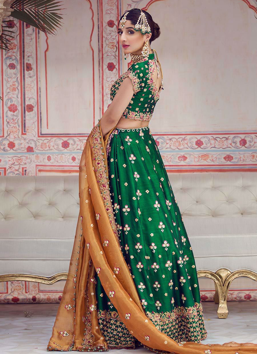 Pakistani Emerald Green Gota & French Knot Raw Silk Lehnga Choli (3-Piece) - Image 3
