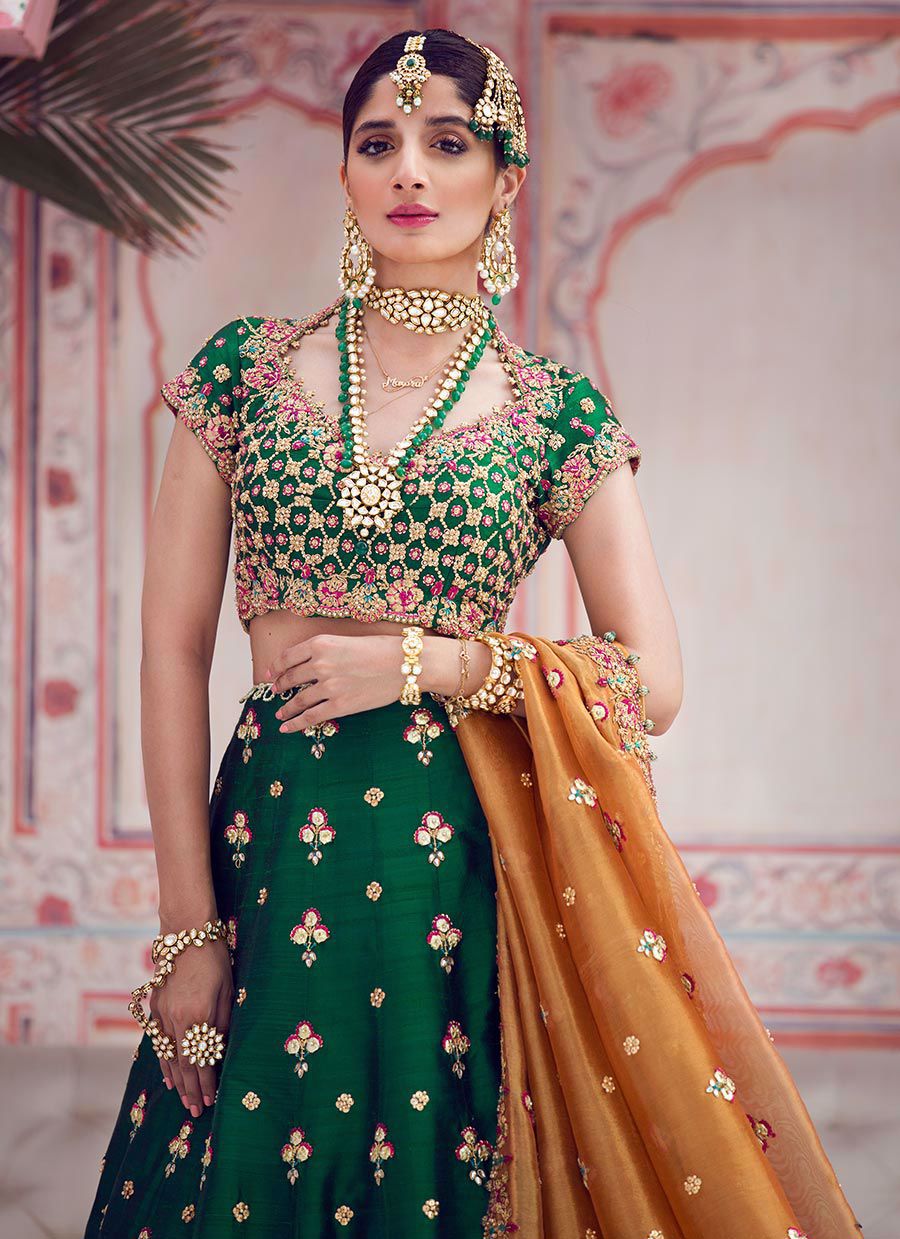 Pakistani Emerald Green Gota & French Knot Raw Silk Lehnga Choli (3-Piece) - Image 4