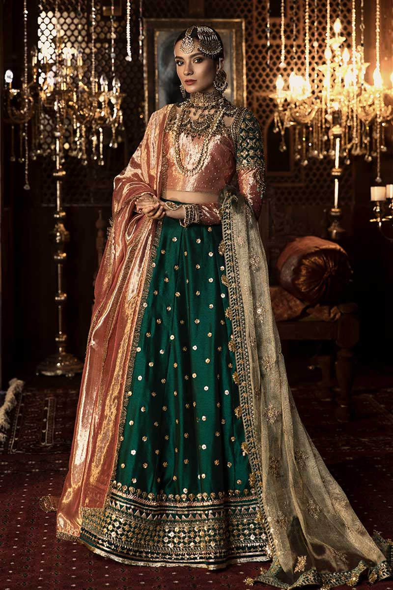 Pakistani Emerald Green & Pink Embroidered Bridal Lehenga (4-Piece) - Image 1