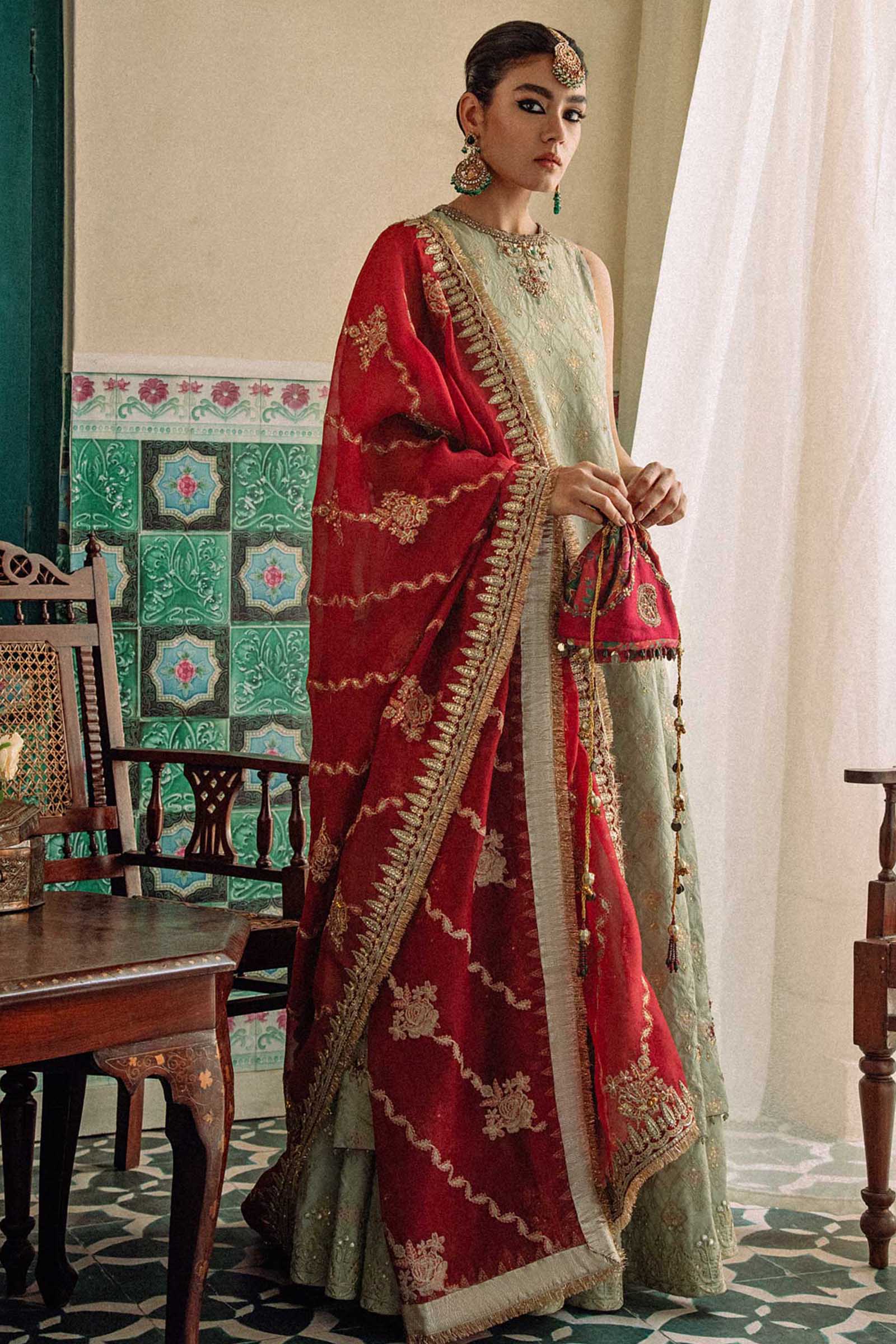 Sage Green Embroidered Raw Silk Lehenga Set (3-Piece) - Image 1